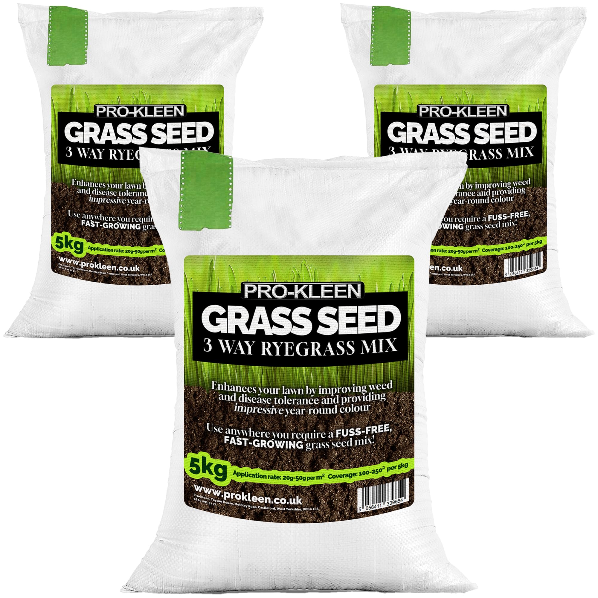 Pro-Kleen Grass Seed 3 Way Ryegrass Mix 3 x 5kg - Premium Lawn Seed - Hard Wearing, Fast Germination & Multi-Resistant Against Winter Damage, Rust & Disease - Coverage 300-750² from 5kg
