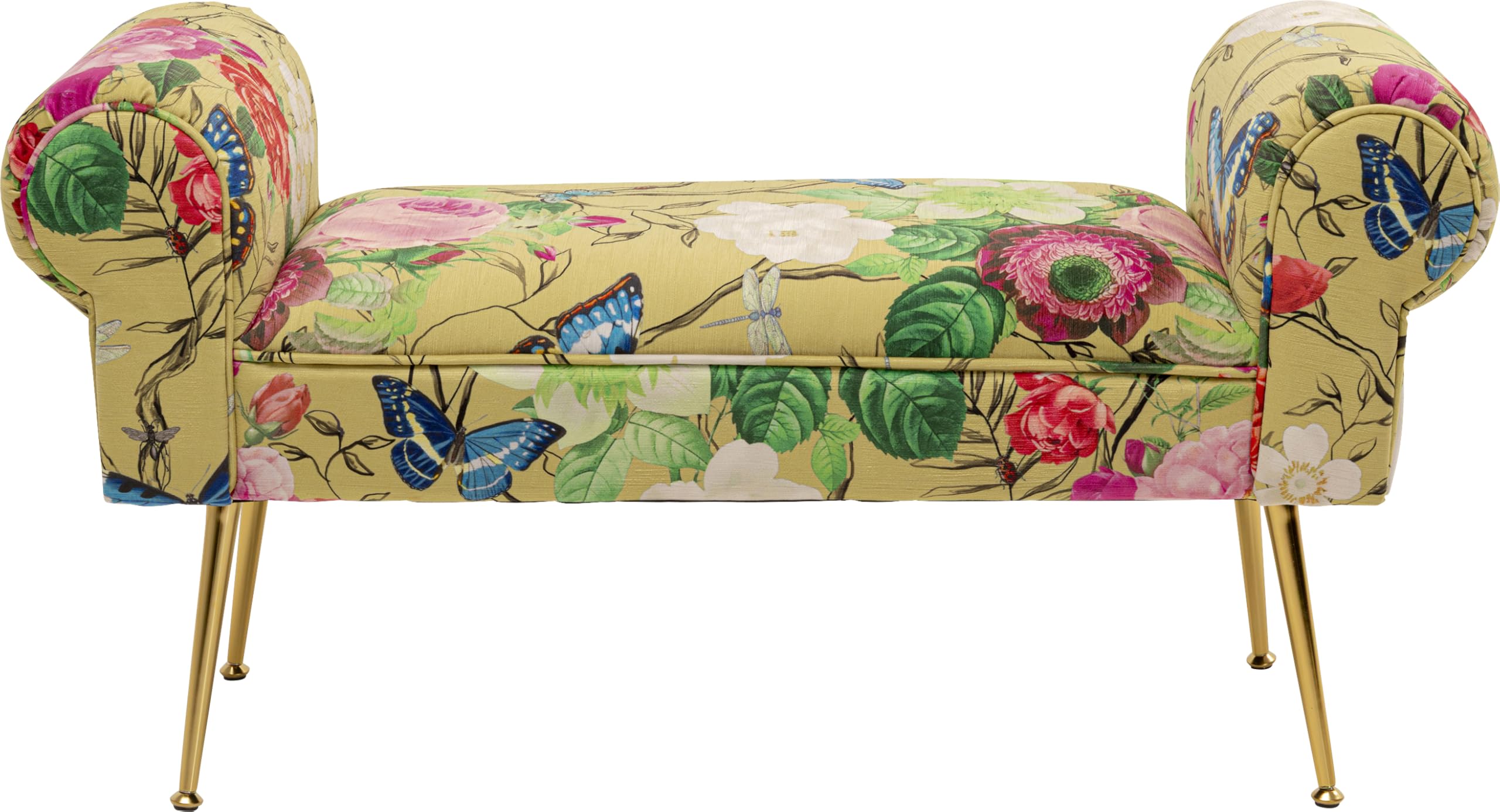 Kare Design Panca Wing Flower Fever, giallo, 54x100x35 cm, panca imbottita con gambe finitura ottone, motivo floreale, panca stretta per ingresso, legno massello di pino, Flower-Fever, soggiorno