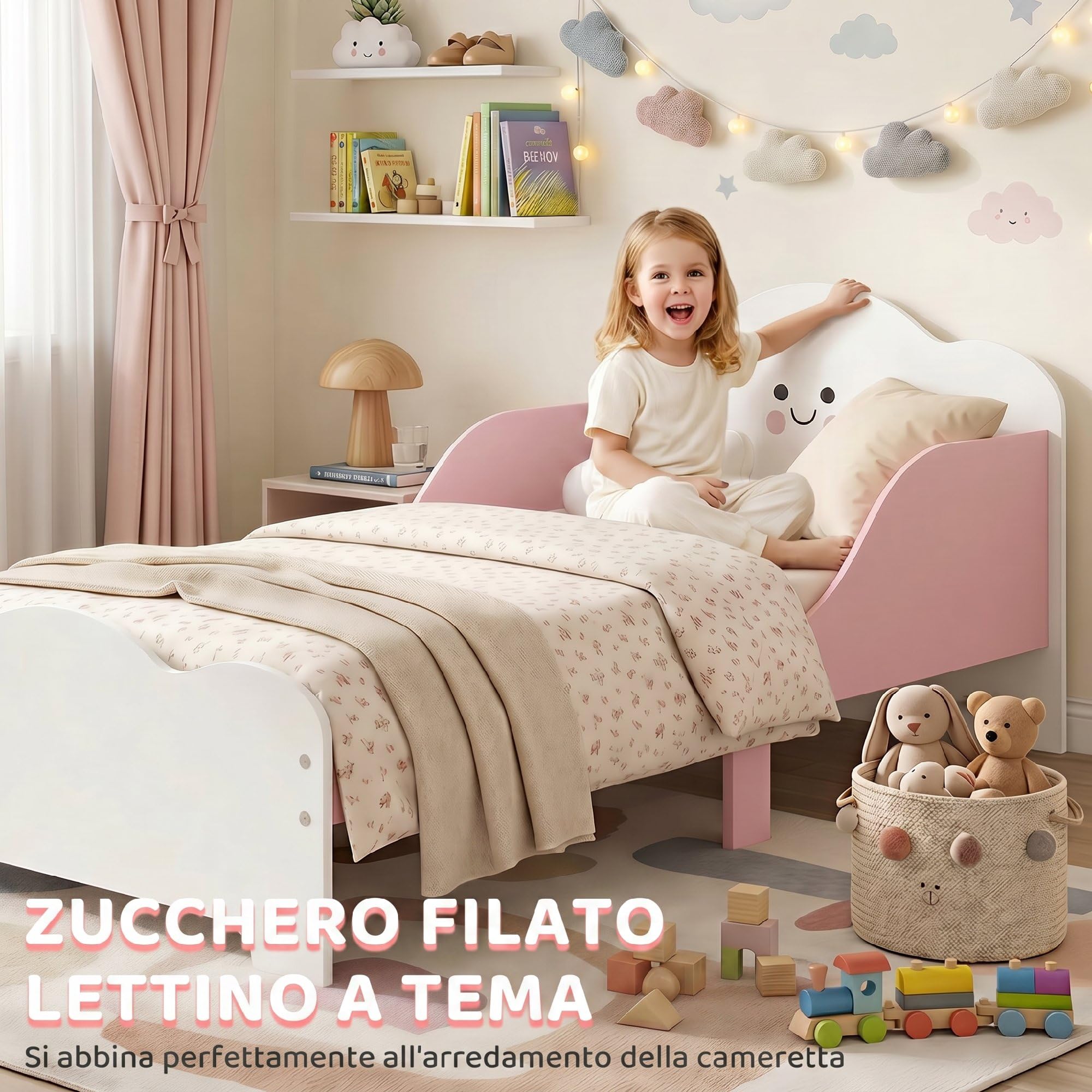 AIYAPLAY Letto Montessori per Bambini 3-6 Anni in Legno 143x77 cm Rosa | Lettino Singolo per Bambini, Sponde Anti-Caduta, Rete a Doghe, Forma di Nuvola, per Cameretta