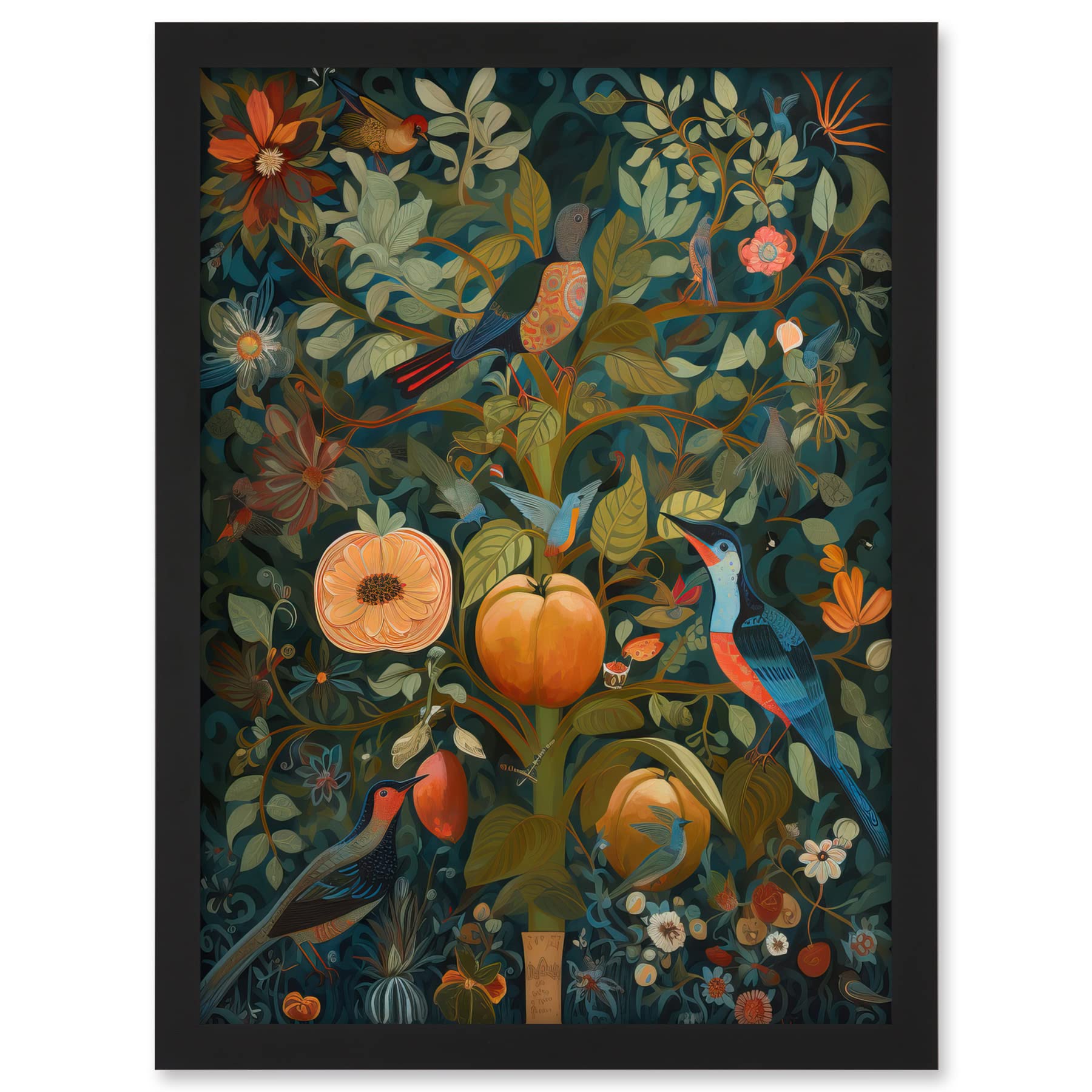 Artery8 Birds on Blooming Peach Tree in Modern Folk Art Artwork Framed A3 Wall Art Print