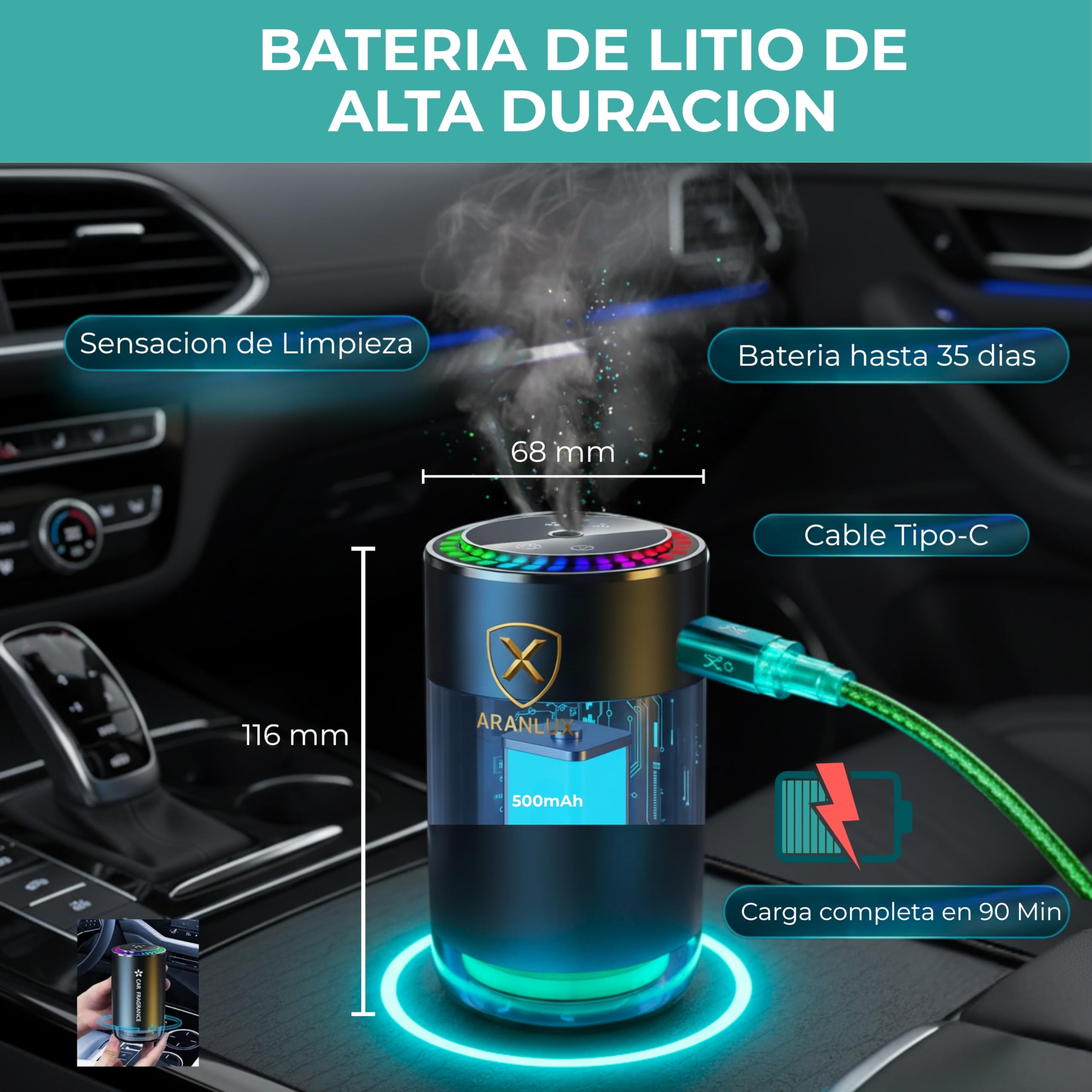 Ambientador de coche eléctrico 50ml - XL Larga duracion, intensidad regulable e ideal para viajes diarios, vacaciones y vehículos profesionales - Ambientador Inteligente para coche(Colonia)