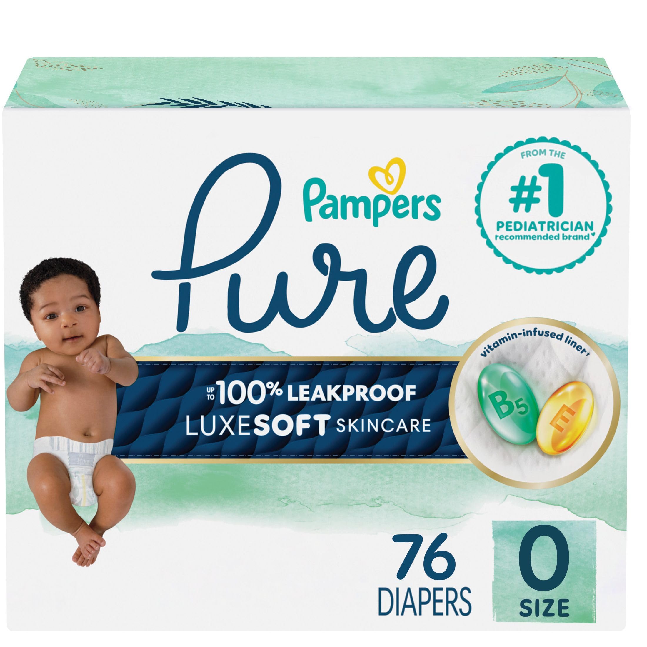 Pure Protection Baby Diapers, Size 0 (>10 lbs), 76 Count, Up to 100% Leakproof, Premium Plant-Based Skin Protection, Hypoallergenic Soft Diapers