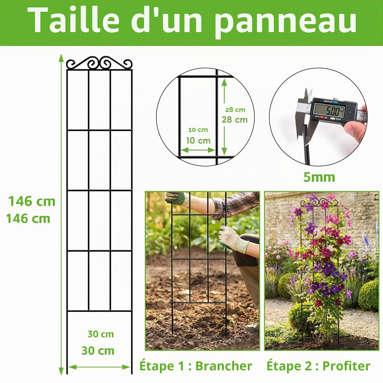 ARIFARO Lot de 4 treillis de jardin en métal pour plantes grimpantes, intérieur/extérieur - 147 cm - Robuste pour plantes en pot, vignes grimpantes, noir
