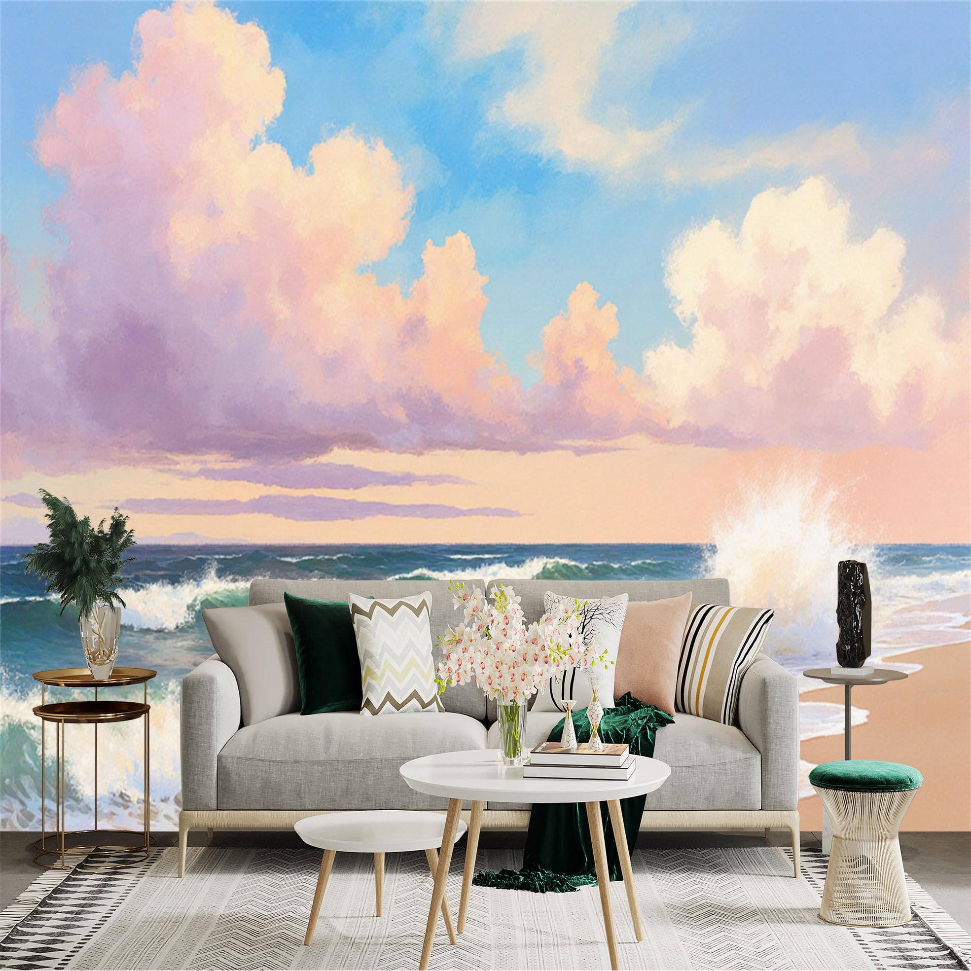 Custom Size Wall Sticker Mural， Seaside Waves with Pink Clouds and Blue Sky， for wall Decoration， peelandstick wall Decals.