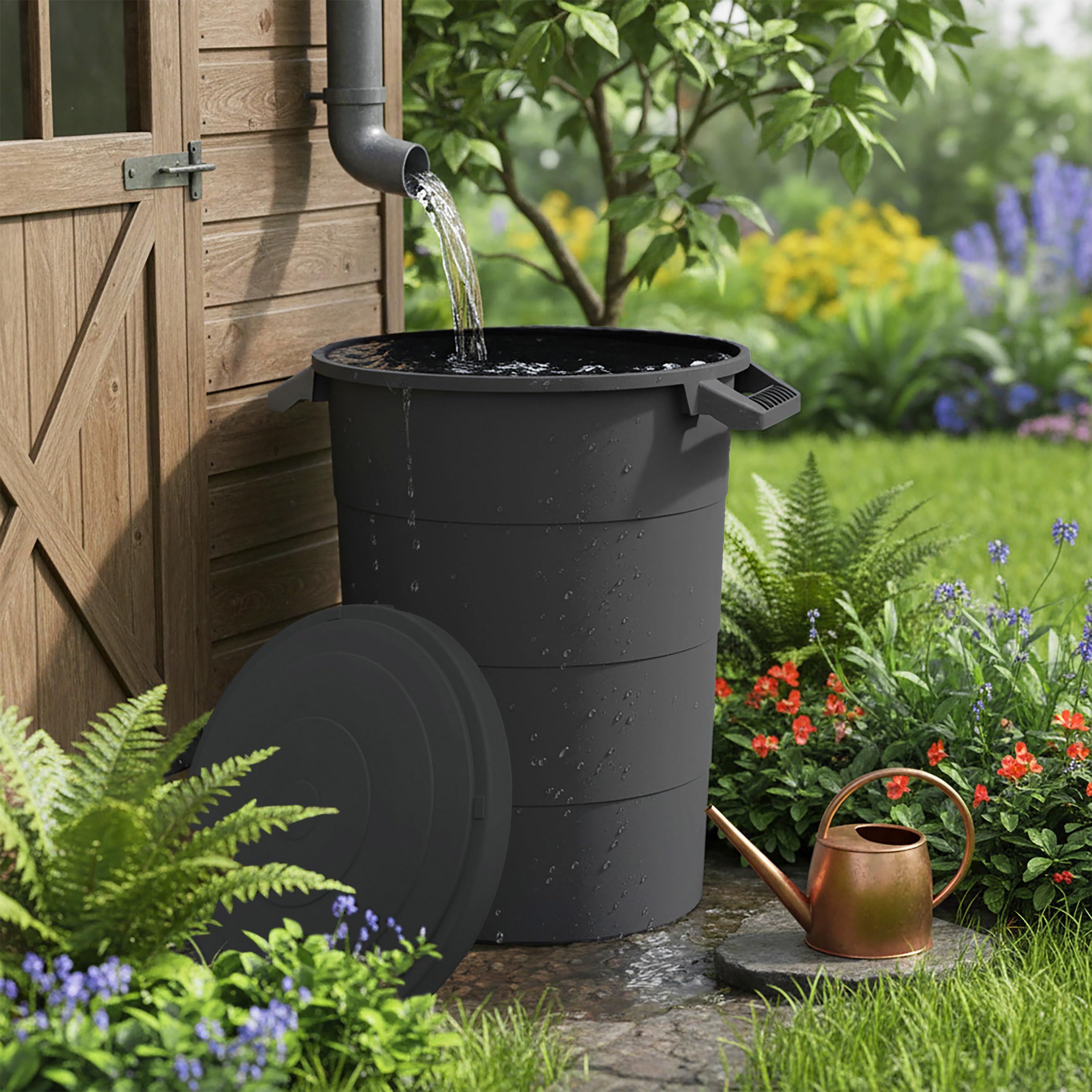 Spetebo Regenwasser Tank 80 Liter mit Deckel - anthrazit - Universal Kunststoff Tonne mit Tragegriffen - Regentonne Regenfass Allzweck Garten Abfall Eimer