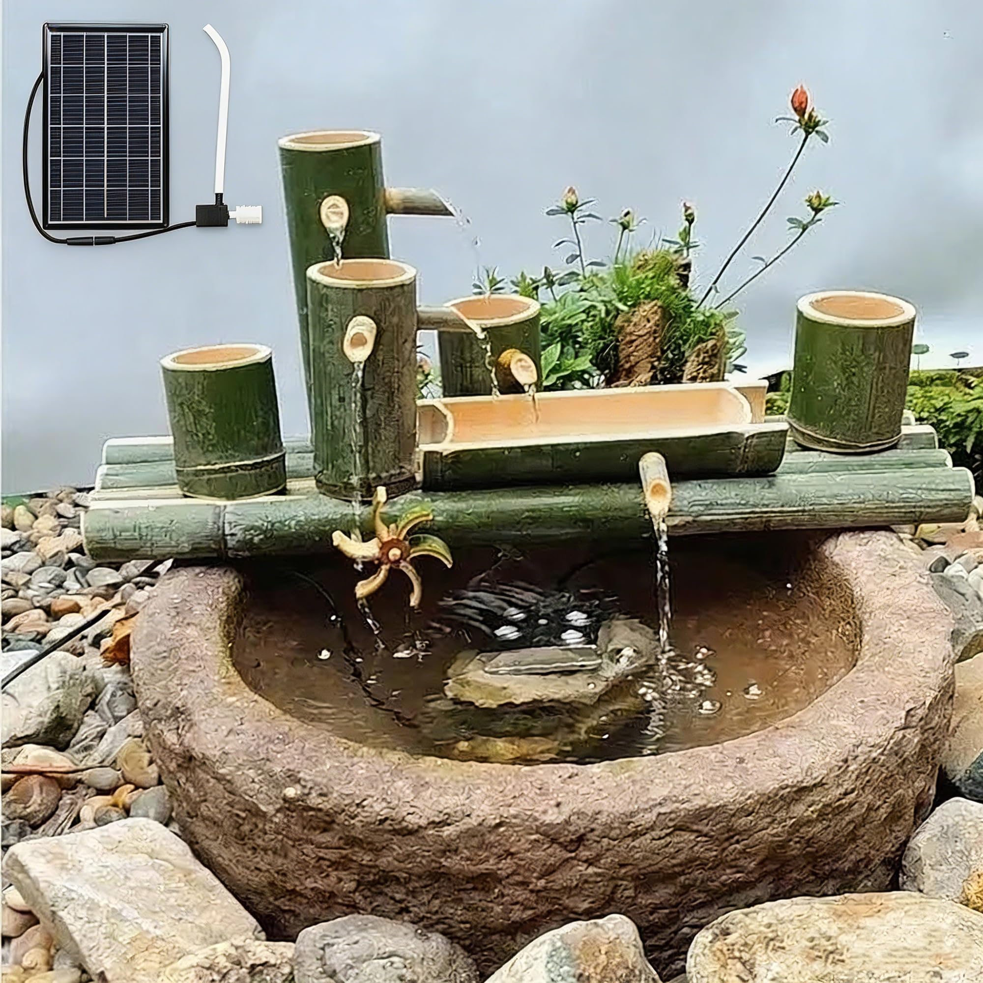 Solar Bamboo Water Fountain Sprinkler with Water Pump, Japanese Style Outdoor Garden Waterfall, Decorative Landscape Ornament(70CM)