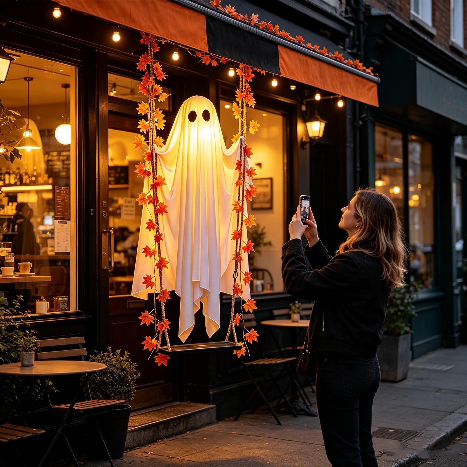 Fantasma di Halloween da Appendere su Altalena Decorazioni Esterno e Intern | Fantasma Luminoso Grande 120cm con luco LED 8 Modalità e Telecomando per Giardino Portico Albero Festa