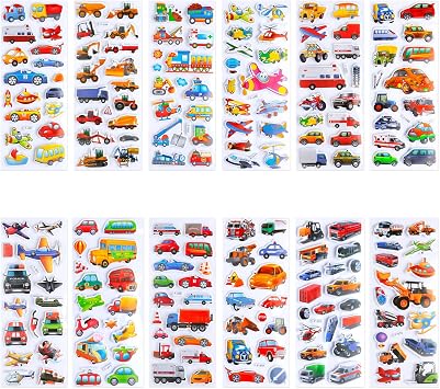 Tabanzhe 12 Sheets Car Theme Puffy Stickers,3D Cartoon Stickers,Teacher Reward Sticker DIY Decoration Decal with Cars Airplane Train Ambulance Fire Trucks and More