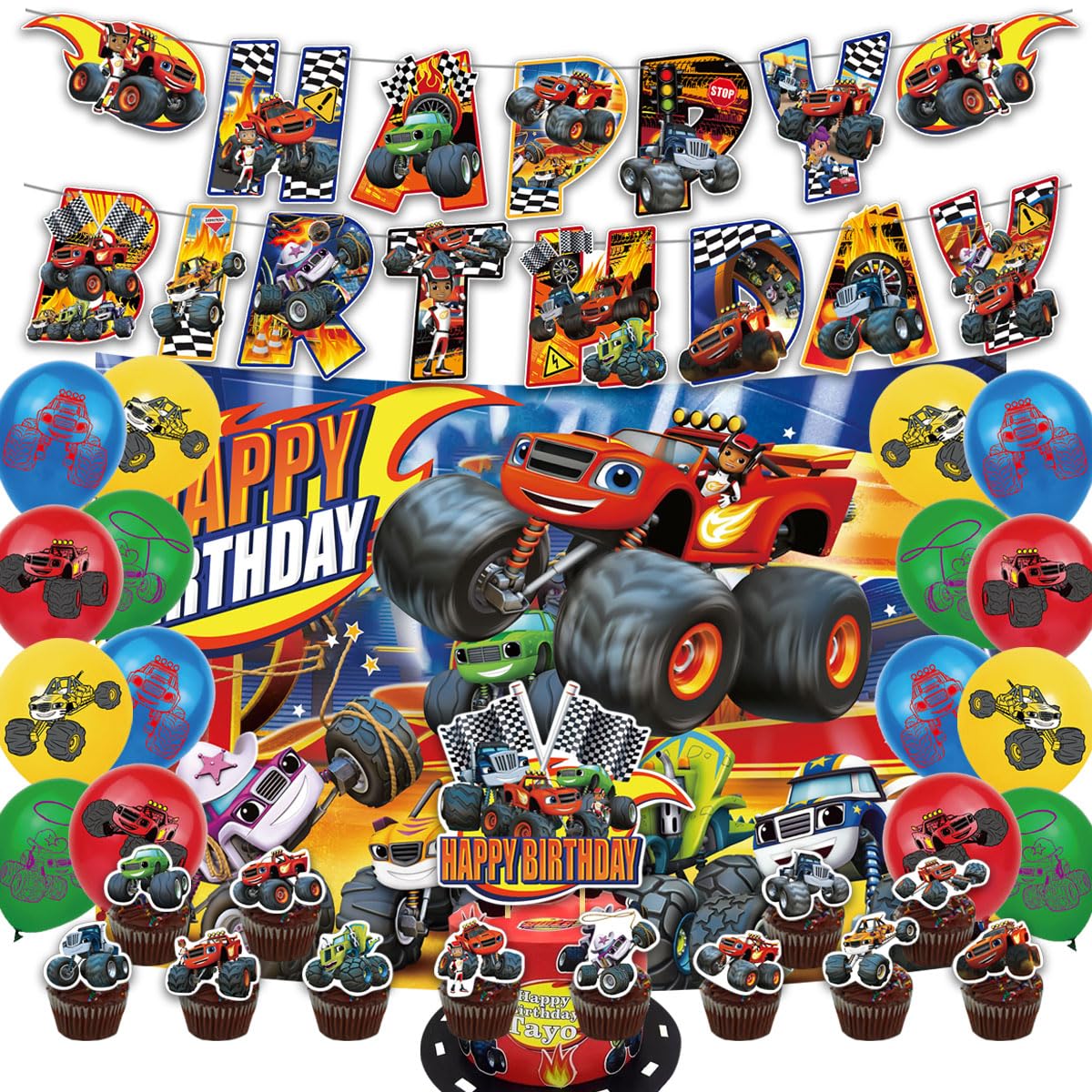Birthday Party Supplies For blaze Includes The blaze Inspired Happy Birthday Banner - Background - Cake Topper - 24 Cupcake Toppers - 16 Balloons