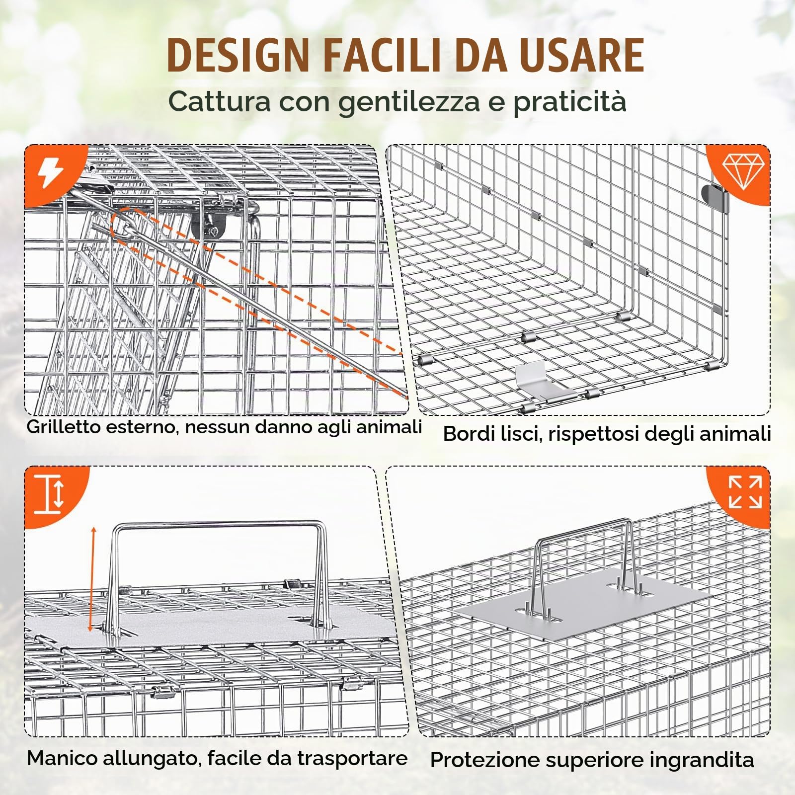 VEVOR Trappola in Ferro Galvanizzato 1067 x 406 x 457 mm Trappola da Giardino con Manico Pieghevole per Cattura