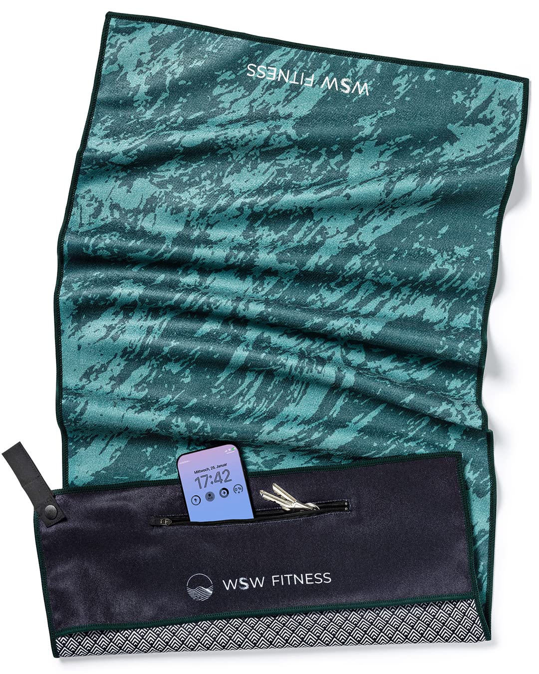 WOODSANDWAVES Gym Towel 50x125 cm with Design, Bench Cover, Magnetic Clip & Zip Pocket – Sports Towel made from Recycled PET for Gym & Fitness – quick-drying, odour-free microfibre — image 1