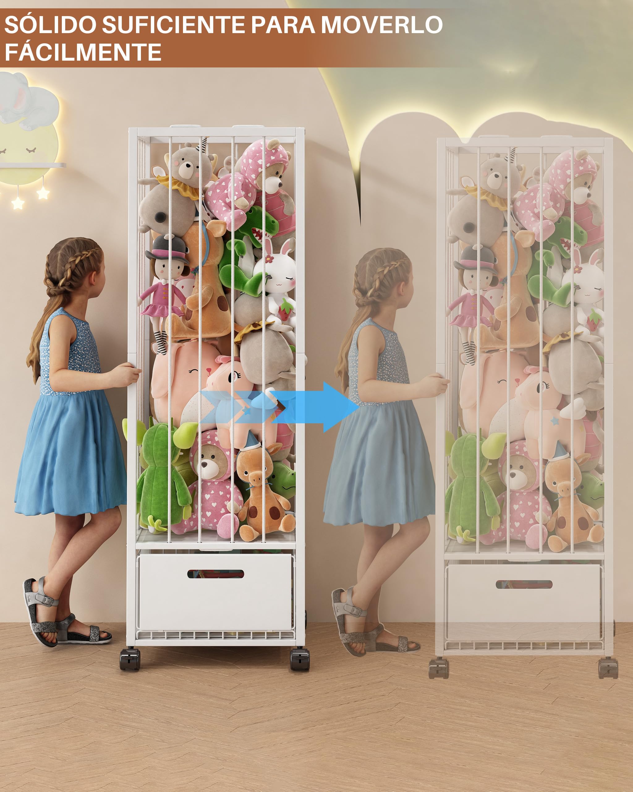 UMDONX Organizador de Juguetes con Ruedas 360° y Cajón | Armario de Almacenamiento para Peluches y Juguetes Infantil con Frenos (Blanco, 40x32x130 cm)