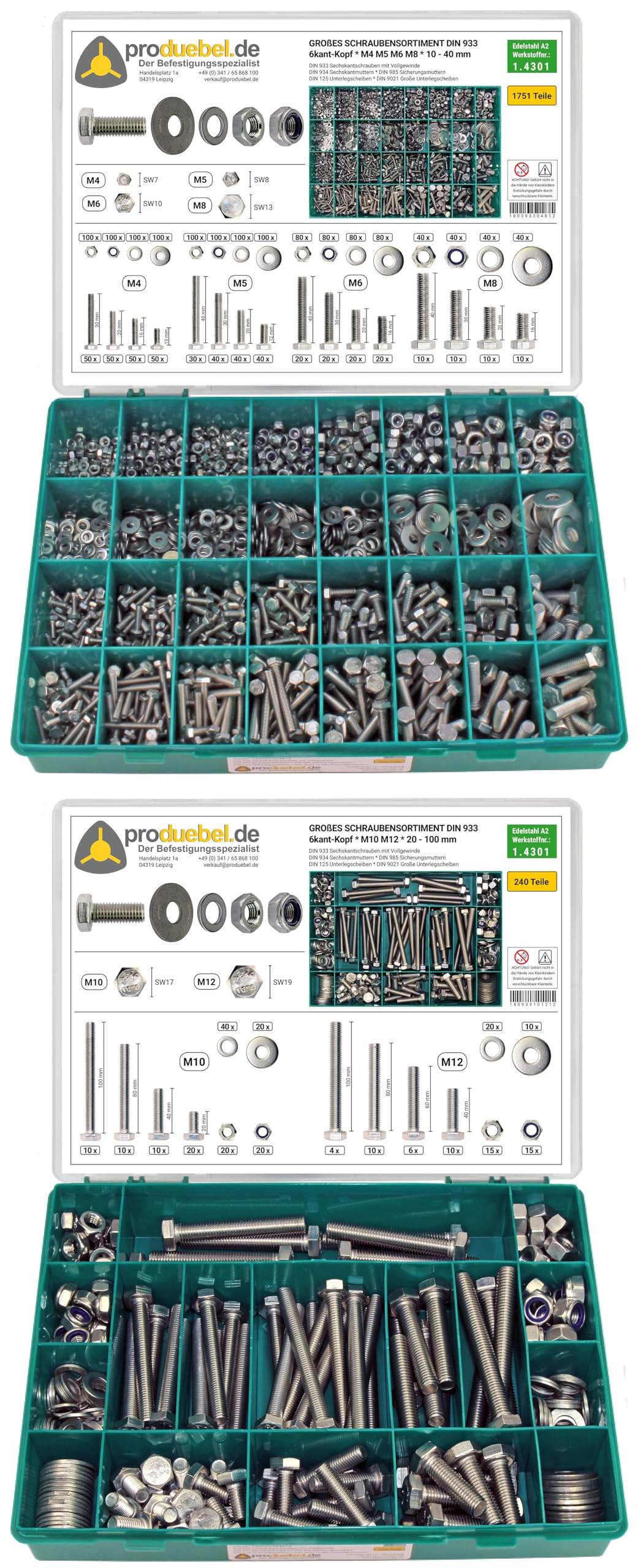 Sparset Großes 6-kant Schraubensortiment DIN 933 Edelstahl A2 V2A M4/M5/M6/M8/M10/M12 * 2001-tlg. (Standard-Box)
