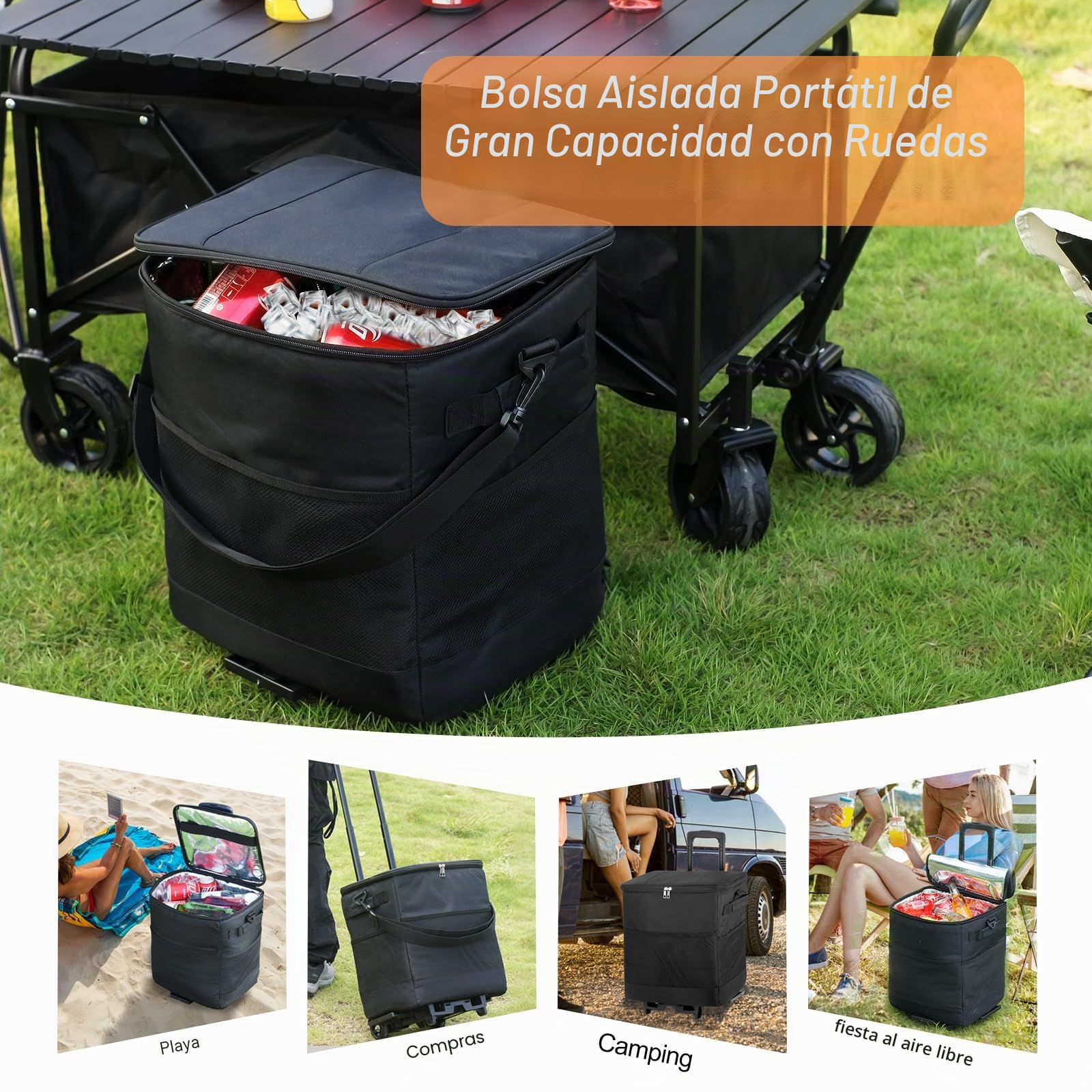 ZHJINGYU Bolsa Termica con Ruedas | 40L Capacidad | Aislamiento Térmico Eficaz, Nevera Bolsa | Tela Oxford 300D | para Camping, Playa, Pesca, Picnic y Compra