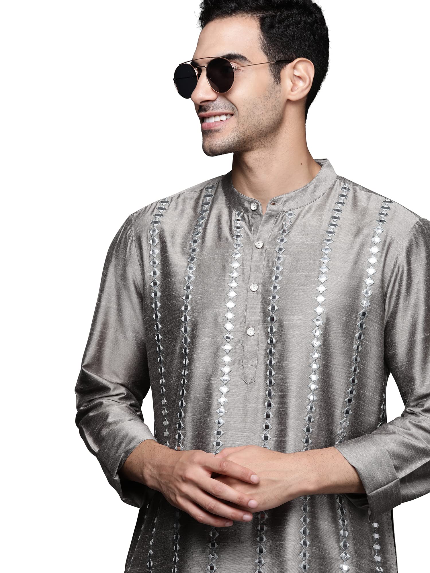 Indo Era Men's Cotton Blend Straight Fit Embroidered Festive Straight Long Kurta (MKT3GY1161) in neutral