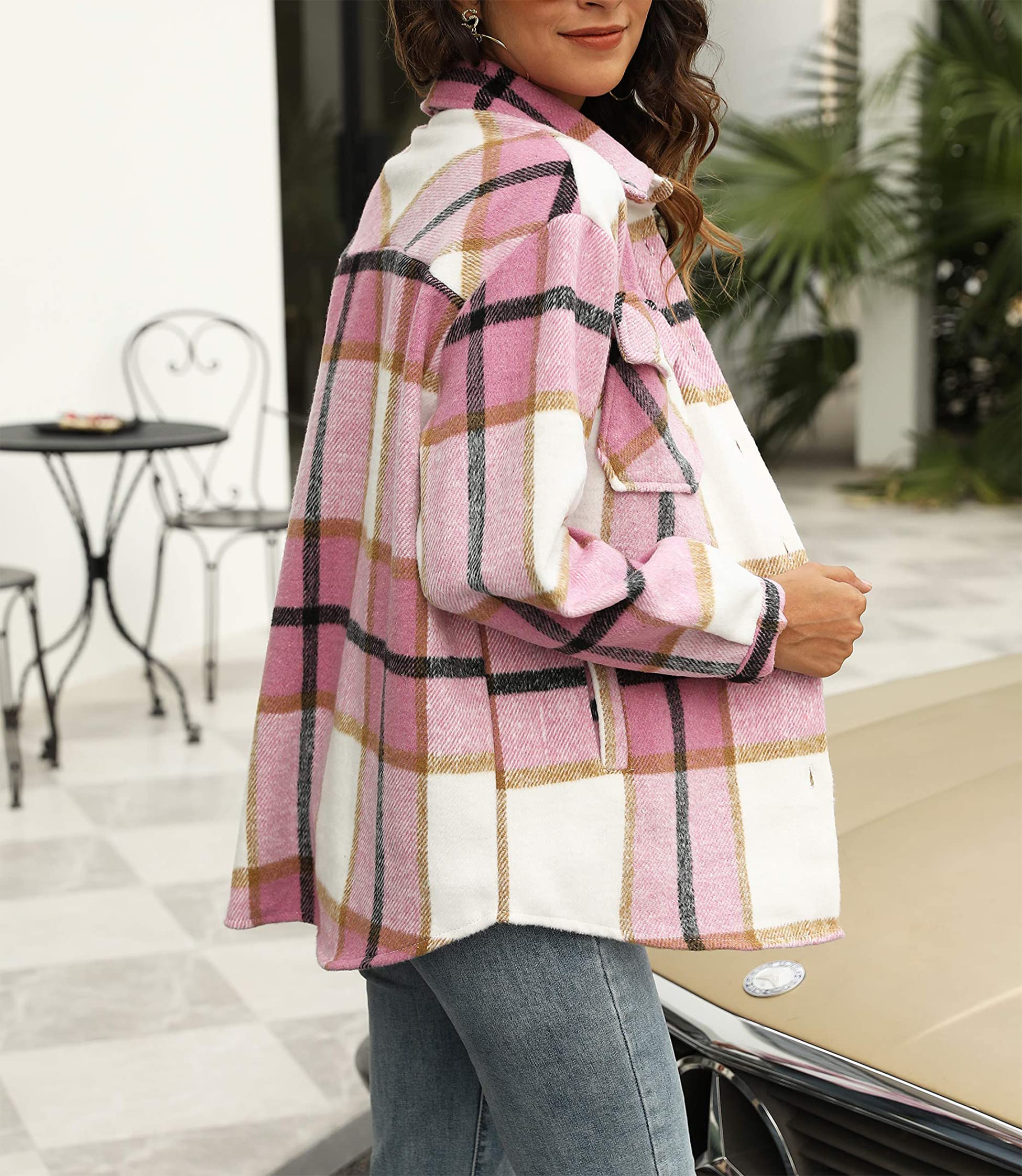 Timuspo Chaqueta de camisa de franela a cuadros de manga larga de algodón con solapa con botones para mujer