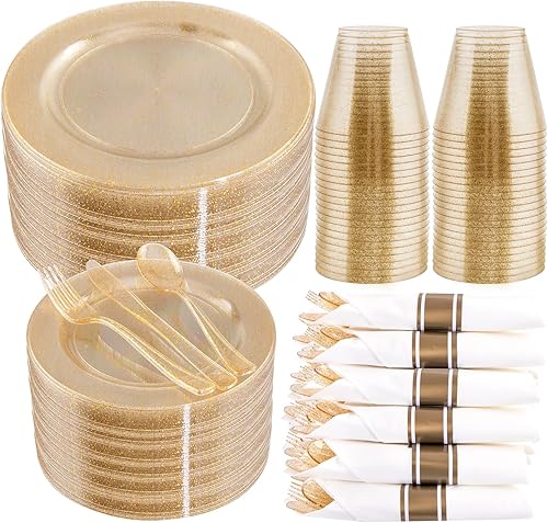 Miniatura 26 de WELLIFE 350 platos de plástico dorado transparente, 100 platos desechables, 150 cubiertos de plástico, 50 tazas, 50 servilletas para bodas y fiestas