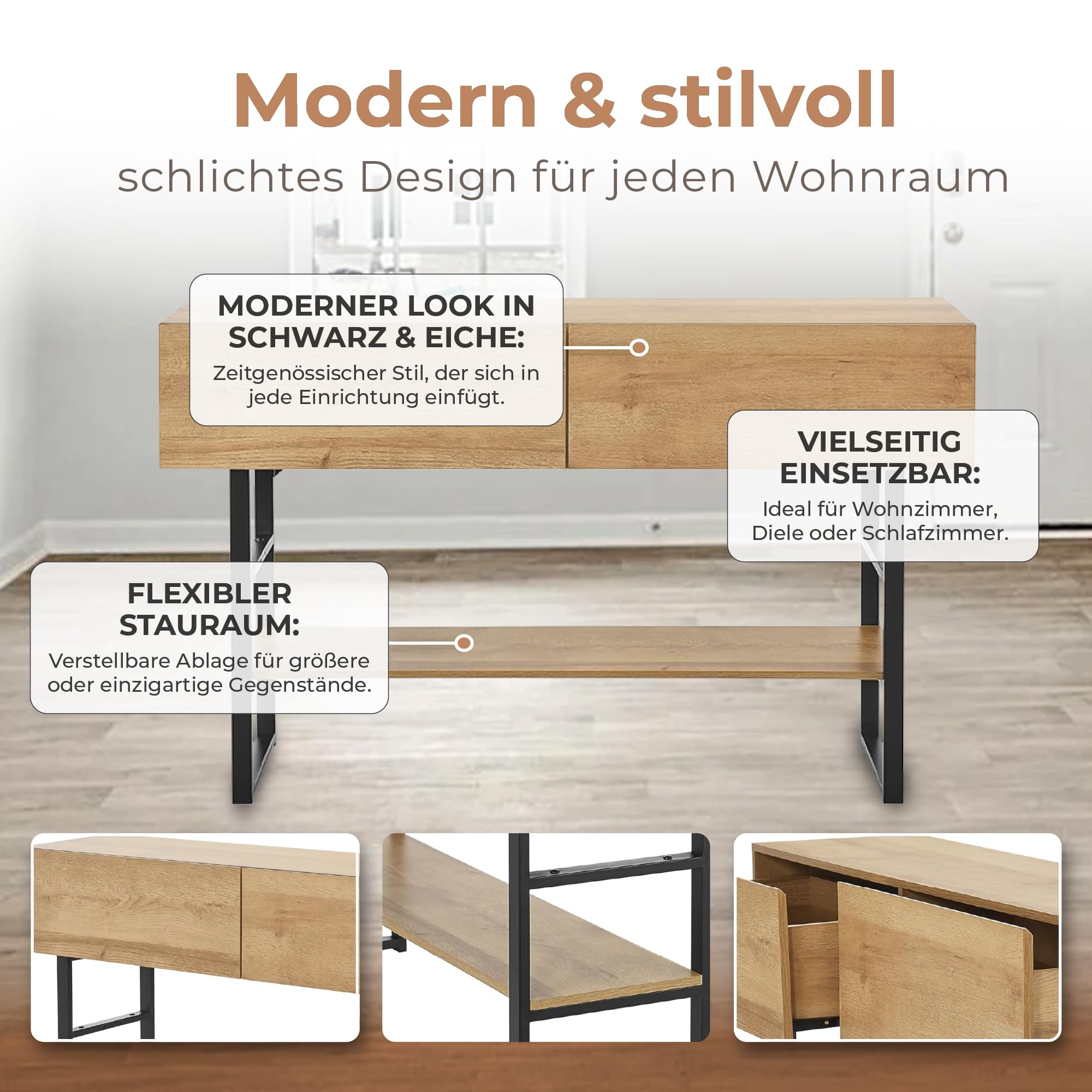[en.casa] Konsolentisch schmal Varberg Flurtisch mit 2 Schubladen rechteckig Ablagetisch verstellbare Ablage Metallgestell 75 x 120 x 30 cm Eicheoptik