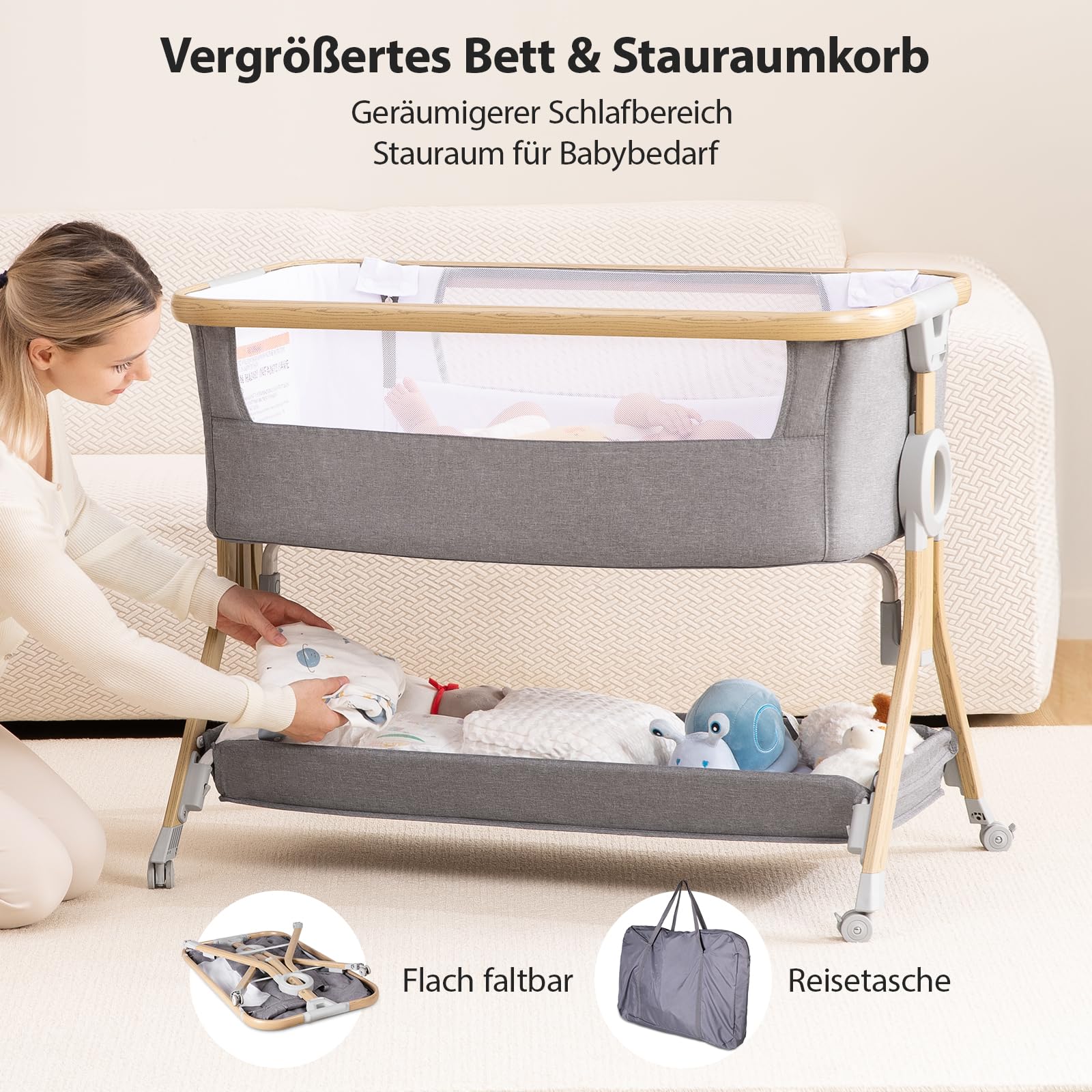 Larex Beistellbett Baby,3 in 1 Babybett mit Moskitonetz,Aufbewahrungstasche & Korb,5-stufig Höhenverstellbares Babybett,4 Räder mit Bremse,atmungsfreundliche Matratze & Mesh (Dunkelgrau)