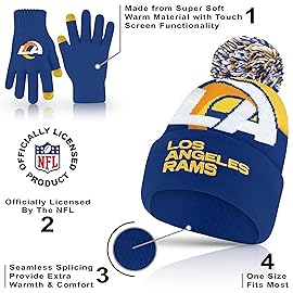 Ultra Game NFL Official Adults Unisex Super Soft Winter Beanie Knit Hat with Extra Warm Touch Screen Gloves, Los Angeles Rams, Team Color 2, 1SIZE