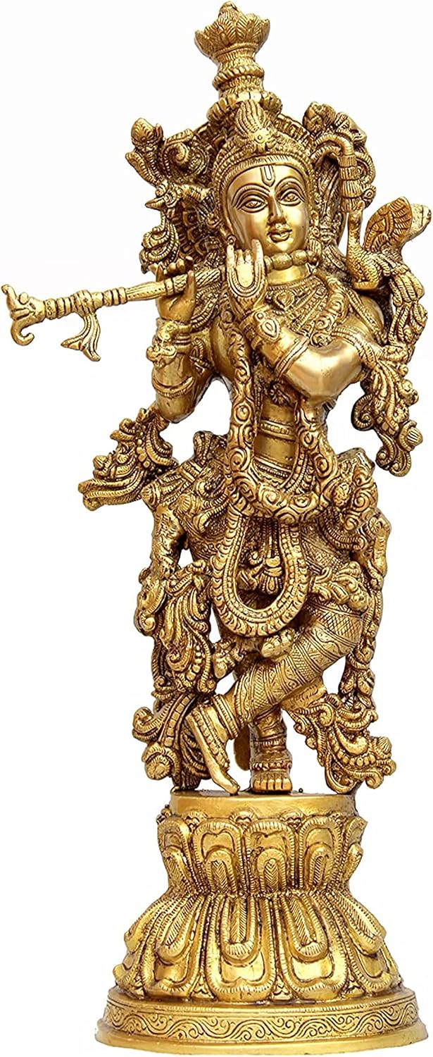 QT S Krishna Brass Statue Antique Krishna Statues Brass Kishan Krishna Murti Idol Statue Sculpture Krishna God of Compassion Tenderness & Love Handmade in Nepal