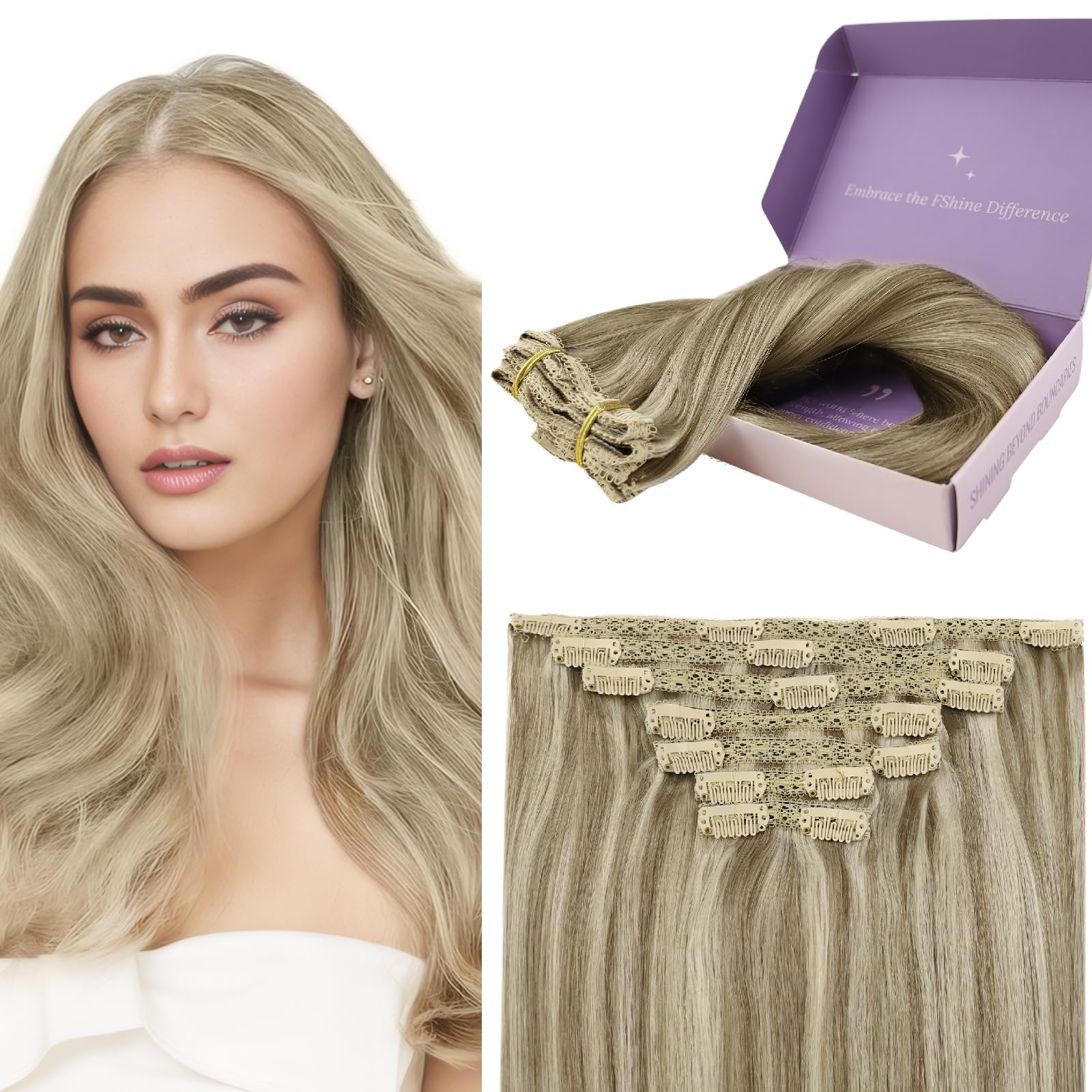 fshine Clip Extension Capelli Veri 120g 40.6cm Capelli Umani Extension 7 Pezzi Extension Marrone Chiaro Evidenziato e Bionda Platino Hair Double Weft Clip in Capelli Veri Lisci Extension