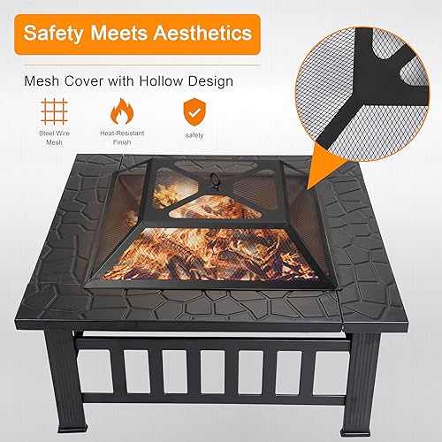 Miniatura 4 de F2C Chimenea cuadrada de 32 pulgadas para exteriores, estufa de leña de metal con cubierta impermeable, patio, viajes, camping, barbacoa, leña