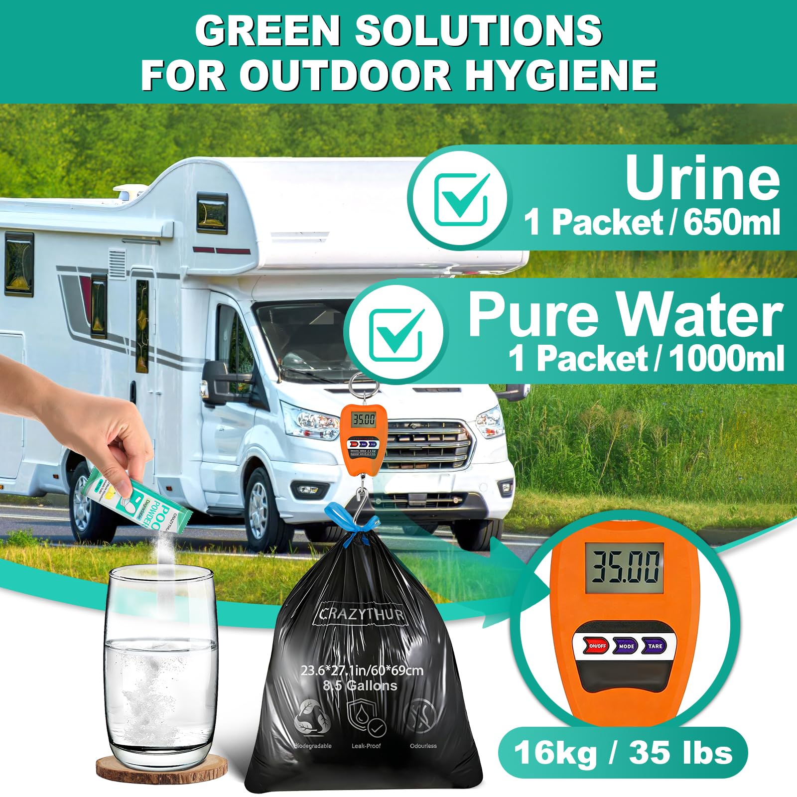 Tragbare Toilettenbeutel mit 25 Stück für Kotpulver-Set, 29 l, Camping-Toilettenbeutel, tragbare Toiletten, saugfähige Kraft, Camping-Töpfchenbeutel für Outdoor-Wandern, Notfall-Toiletten