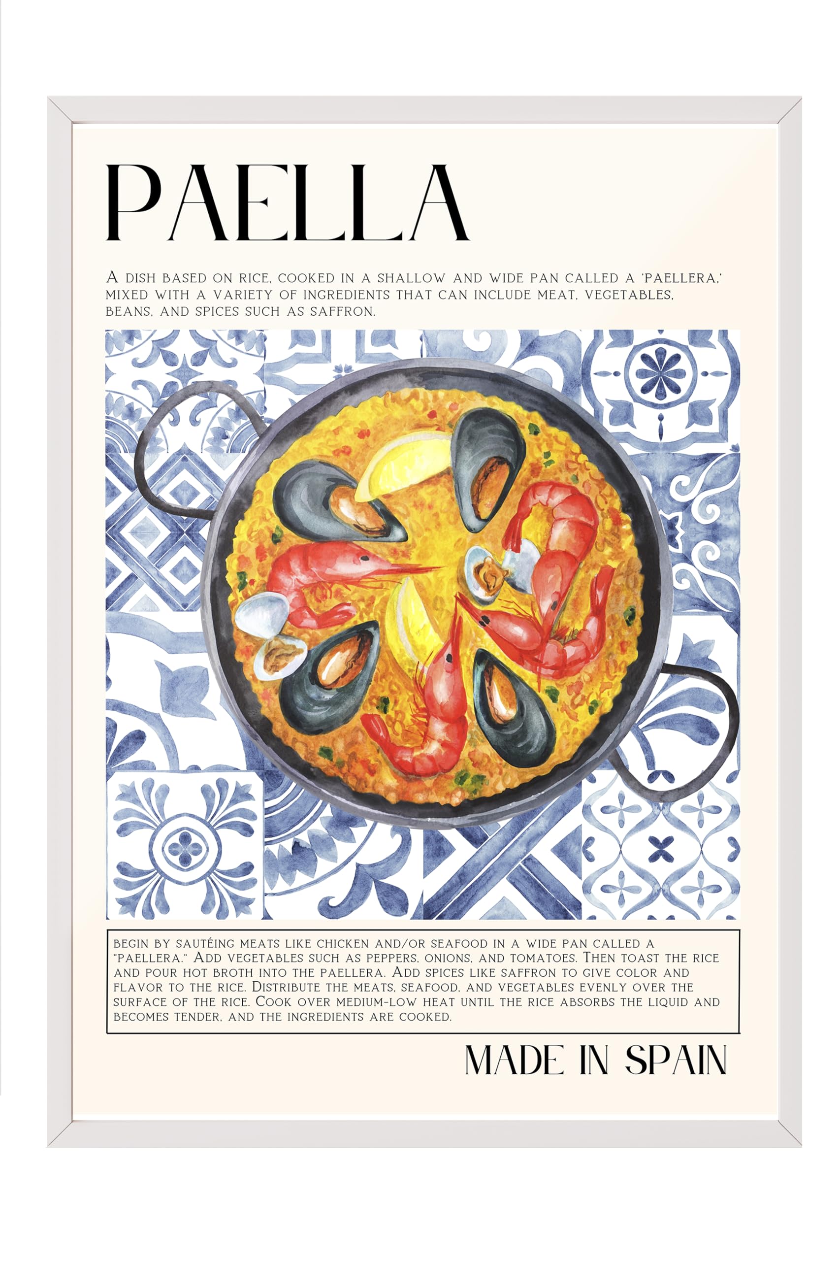 Zestia Beyaz Çerçeveli Tablo, Paella Tabağı, Mutfak Dekoru, Mavi Seramik Stil Poster No: 106688 15 x 21