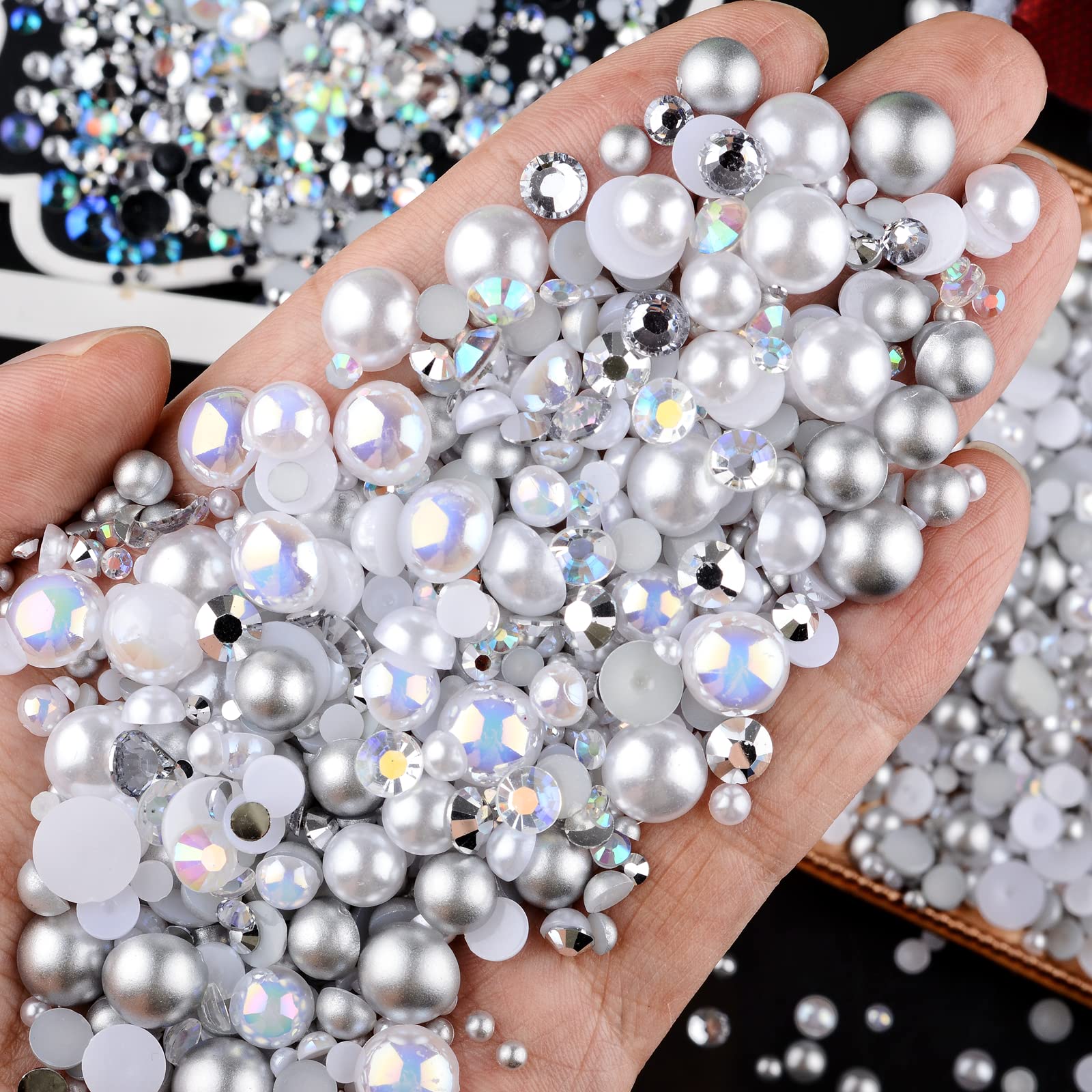75 g Mieszanka żywicy z perłami kryształowymi, 3-10 mm połowa pereł i 2-6 mm płaskie cyrkonie do zdobienia paznokci buty ubrania kubki, scrapbooking, rękodzieło (białe)
