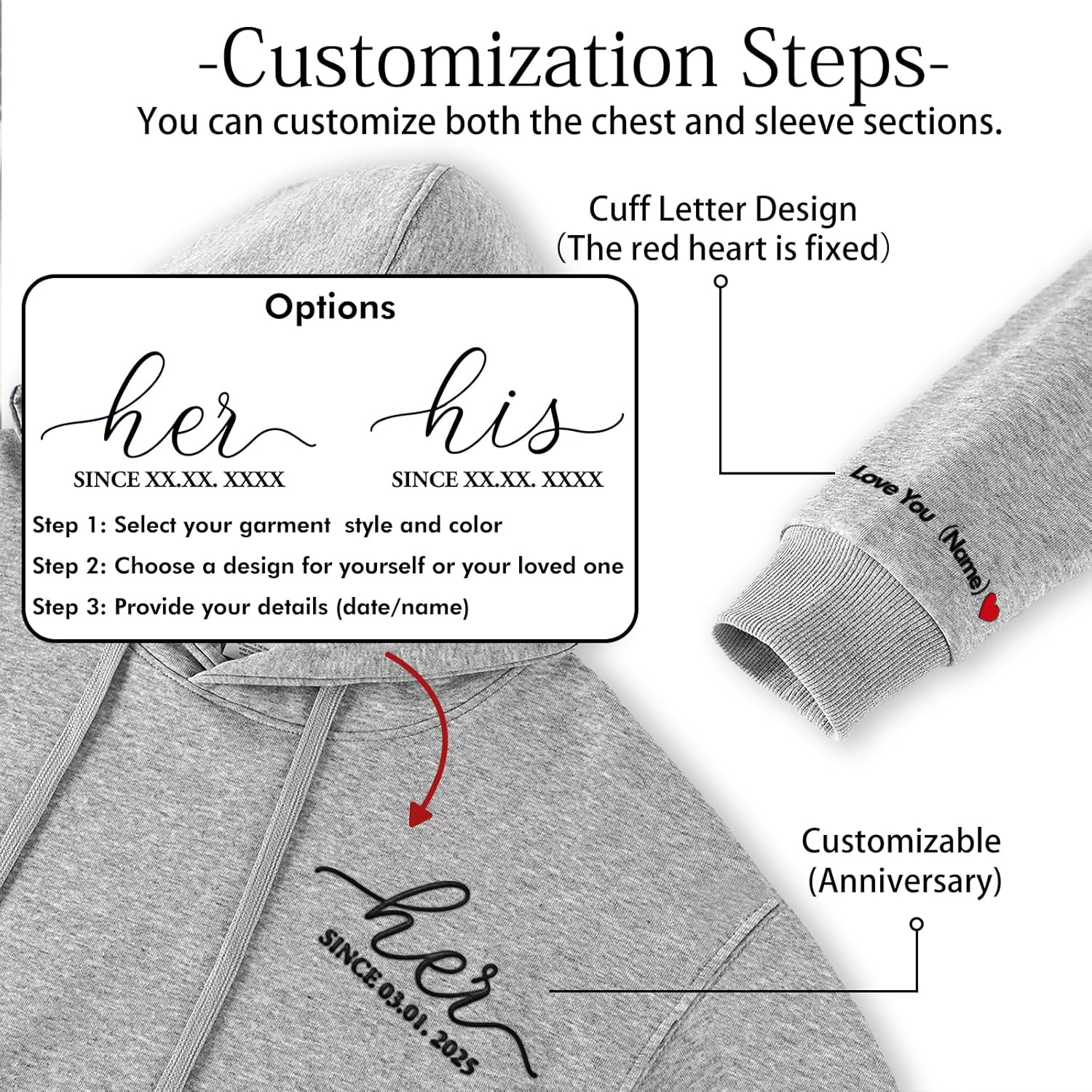 Custom Embroidered Matching Couple Hoodie & Sweatshirt, Personalized Gift for Girlfriend Boyfriend Valentines Day Birthday Christmas Anniversary - Image 6