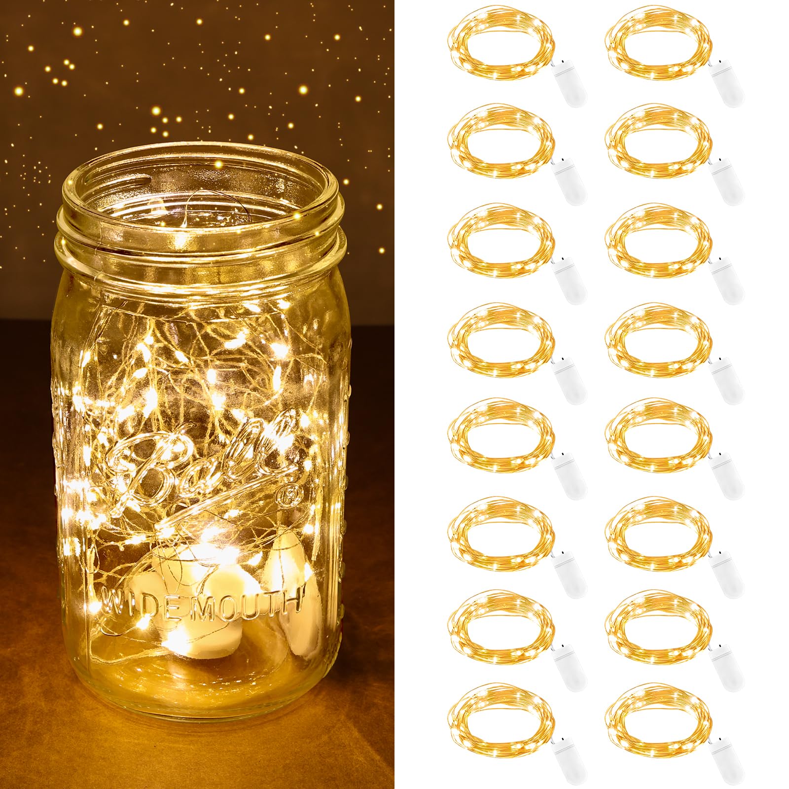 AOOTE Fairy Lights, 16 Pack 2m 20 LED Battery Operated String Lights Alloy Wire Light, Mini String Light Battery Powered, LED Fairy Lighte for Indoor Outdoor Lighting,Party,Jars,Christmas,Warm White