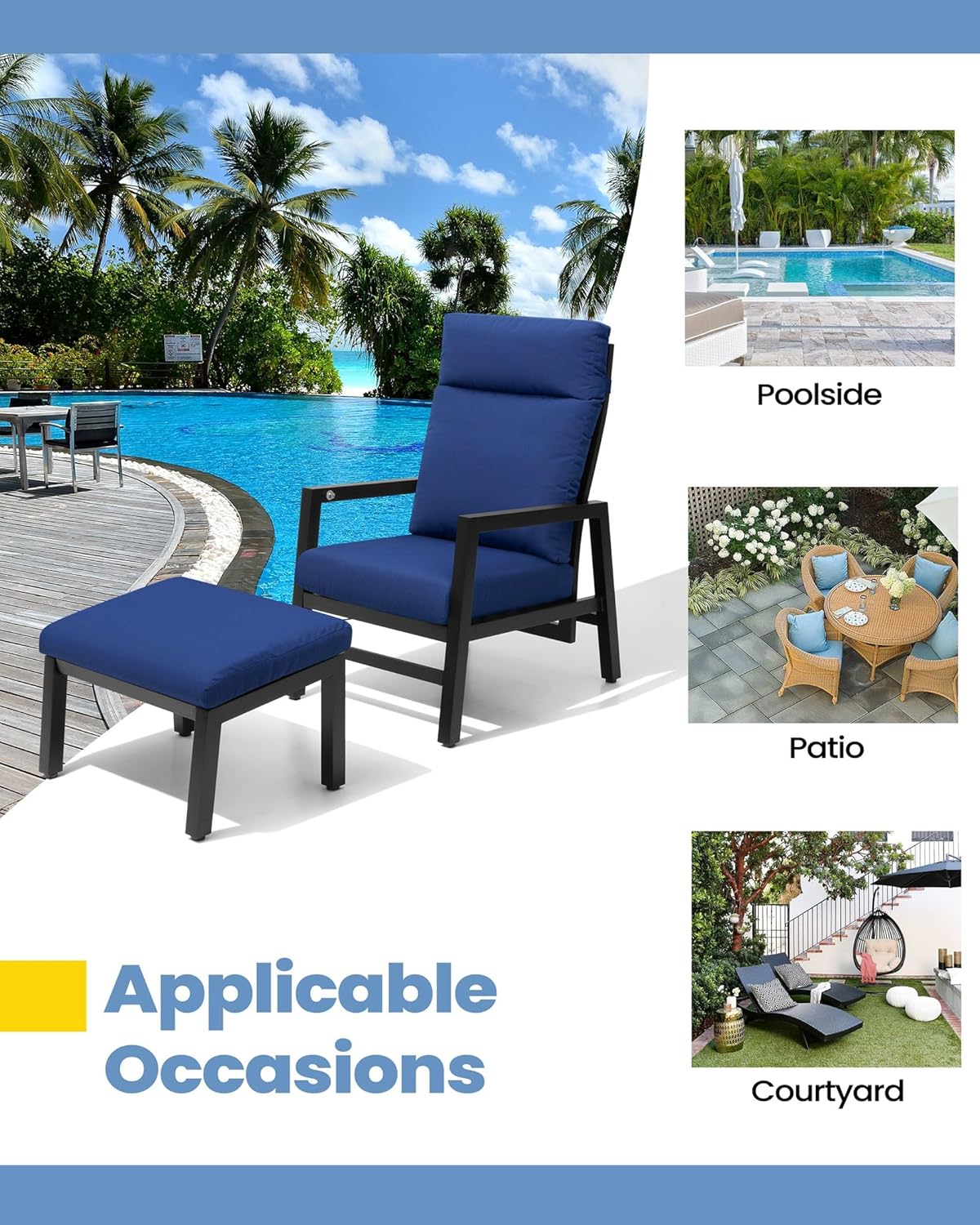 Pellebant Reclining Patio Chair with Ottoman, Patio Reclining Chair with Cushion, Outdoor Conversation Set, All Weather Furniture for Patio, Lawn, Garden, Yard, Balcony, Poolside, Navy