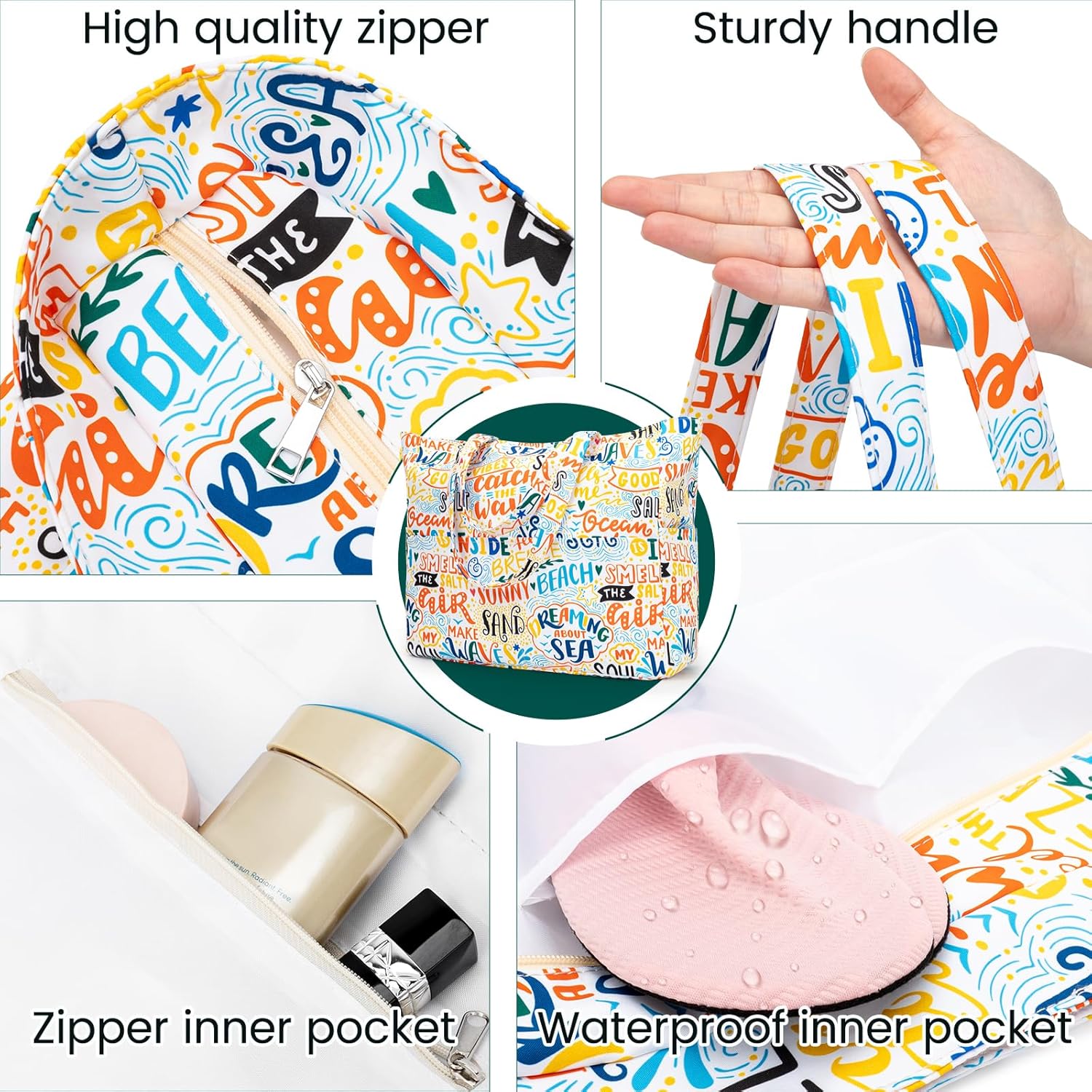 Iioscre Beach Bag for Women, Large Beach Tote Bag with Zipper Pockets, Waterproof Sandproof Swim Bag Pool Vacation Travel - Image 5