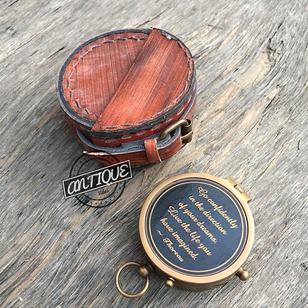 Compass with Quote Go Confidently Leather Box with Compass Nautical 2 inches (Copper Antique Finish)