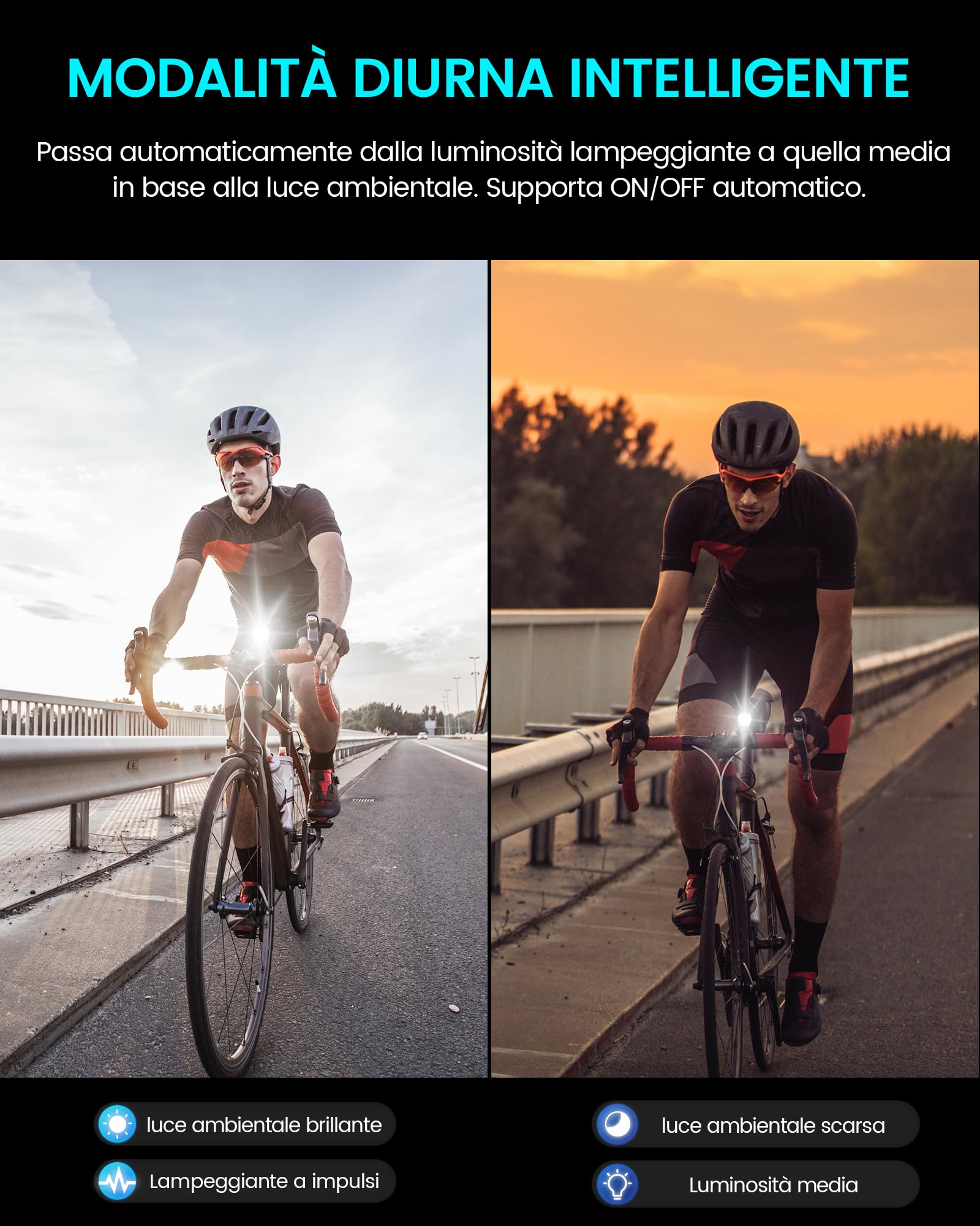 RAVEMEN 1800 Lumen Intelligente Anteriore per Bicicletta, Modalità di guida notturna e diurna intelligente Regolazione automatica Della Luminosità, Carica e scarica USB-C IPX7