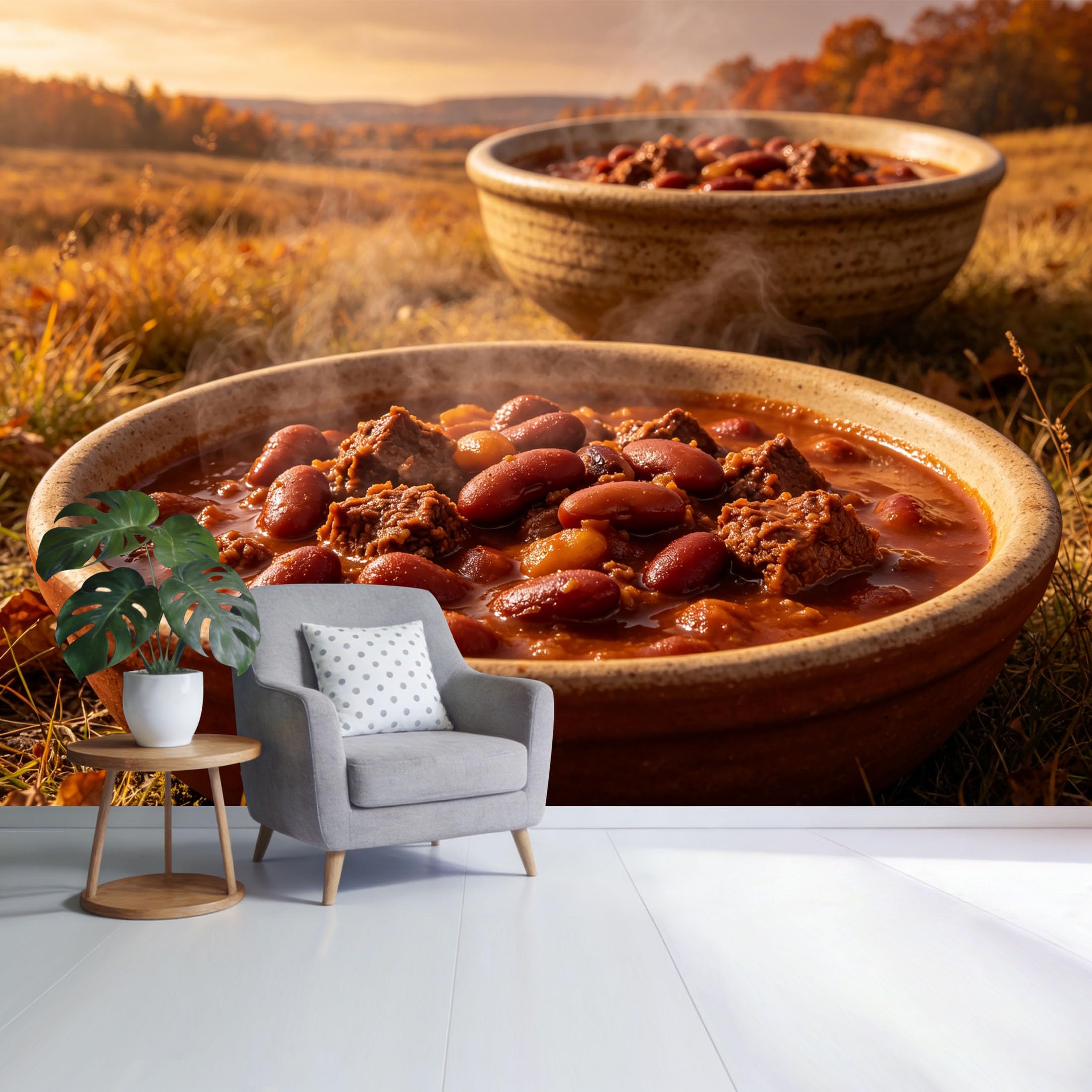 Custom Size Wall Mural Autumn Countryside Landscape with Rustic Stew Bowl Warm Sunset Field Scene SelfAdhesive Wall Fabric Removable Wallpaper for Home Office Decor
