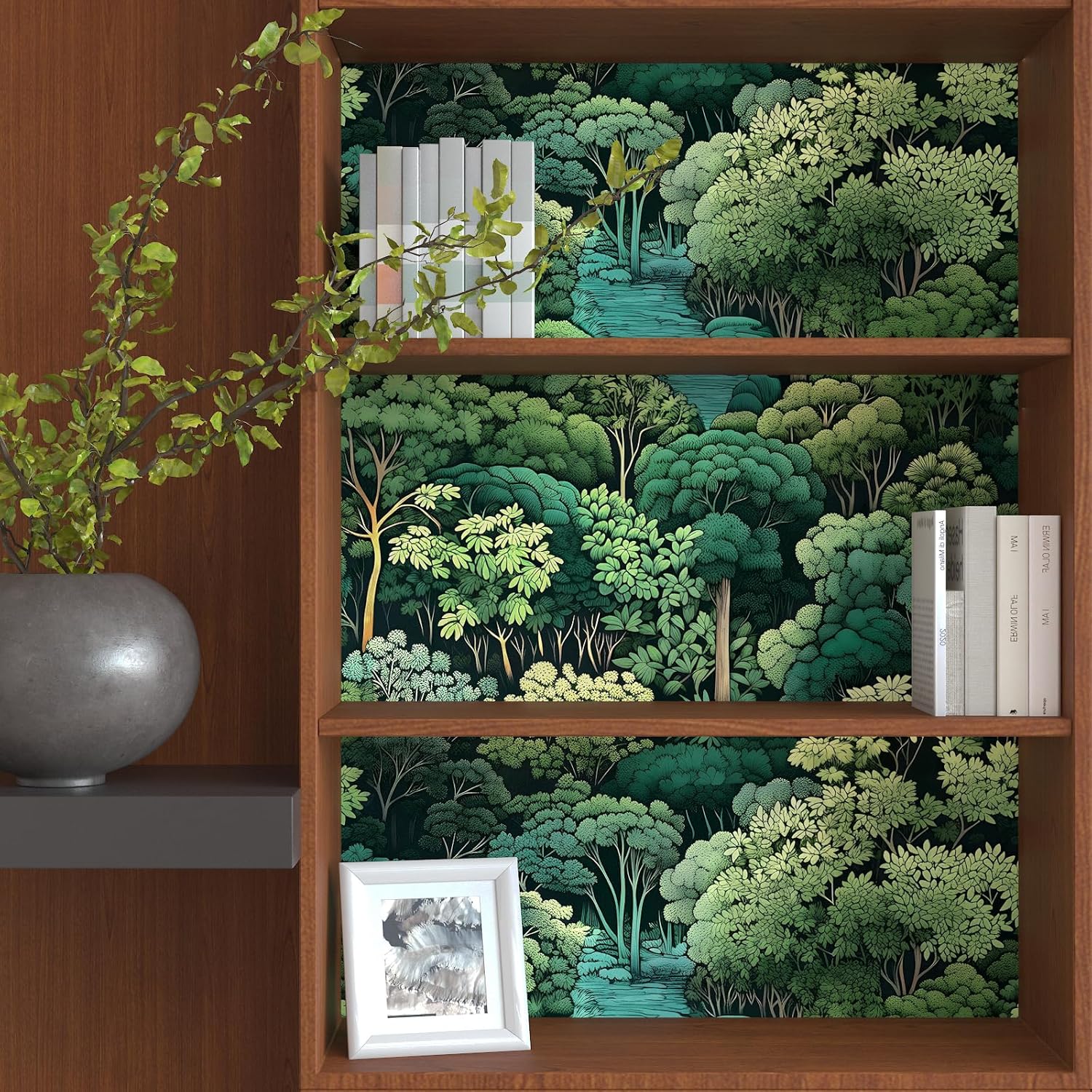 Green Wallpaper Peel and Stick, Forest Trees Contact Paper 17.5" x 393.7", Woodland Mountain Vintage Botanical Wall Paper Self Adhesive Waterproof Removable for Room Shelves Cabinet Drawer Table Decor