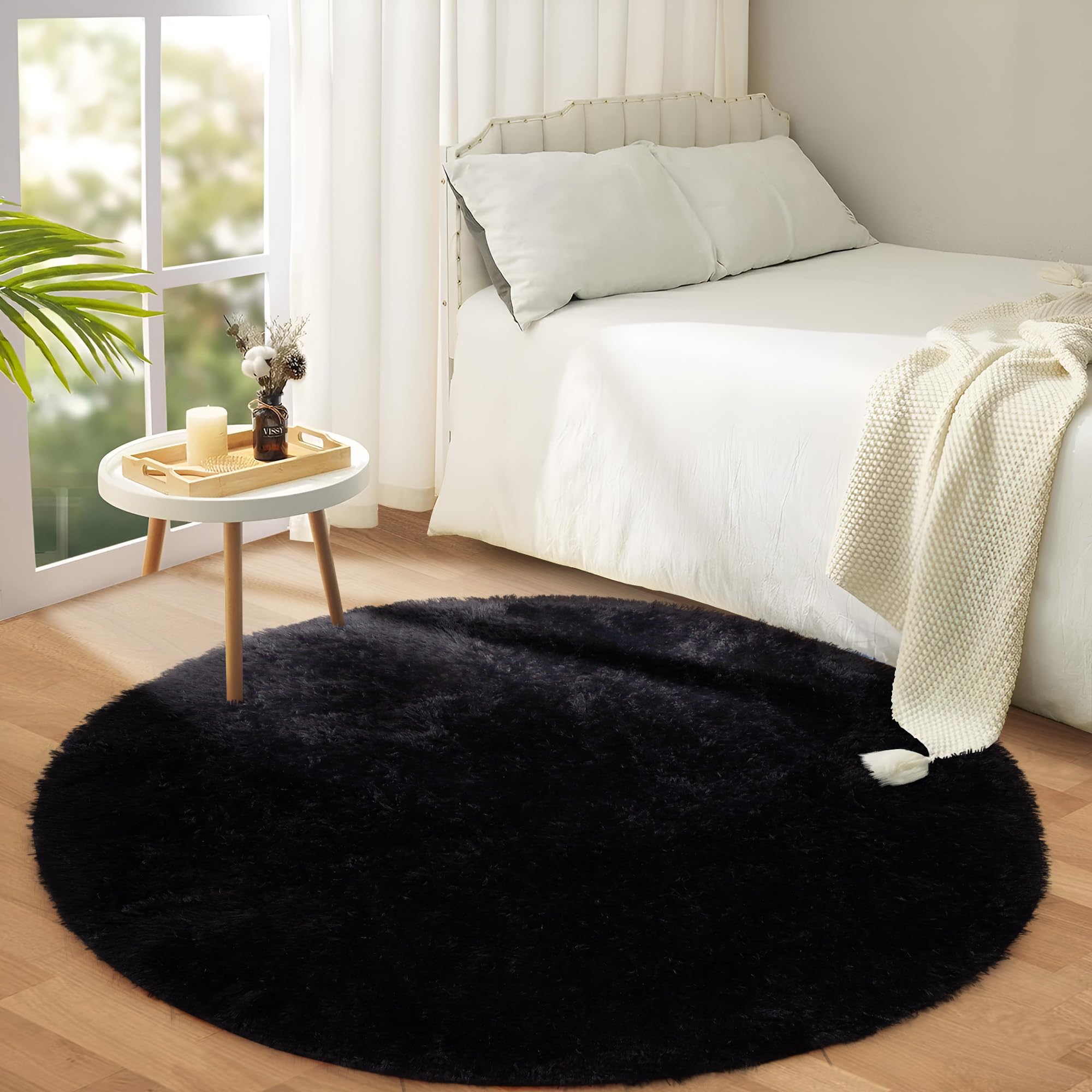 Hafaa Fluffy Shaggy Rugs Living Room Black 120x120 cm Round, Soft Thick Pile Carpet, Non Slip Circle Bedside Rug for Kids Bedroom, Nursery, Lounge - Non-Shedding — image 1