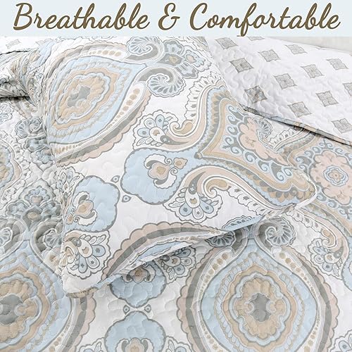 Miniatura 2 de Cozy Line Home Fashions Juego de ropa de cama reversible de microfibra azul cielo, color gris tostado, colcha (medallón moderno, tamaño Queen, 3