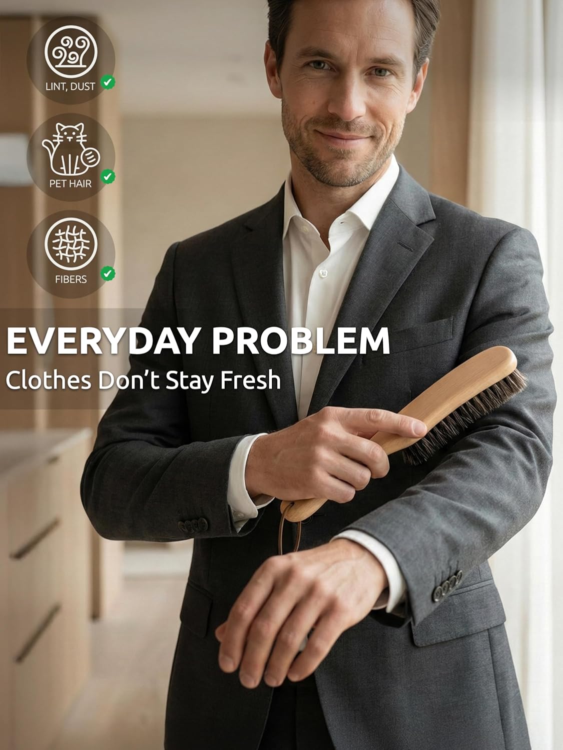 Lint Brush for Clothes with 100% Soft Horse Hair Bristle, Large Beech Wood Handle, Lint Remover for Hat, Pet Hair, Suits, Cashmere, Wool, Velvet, Suede, Shoe - Image 4