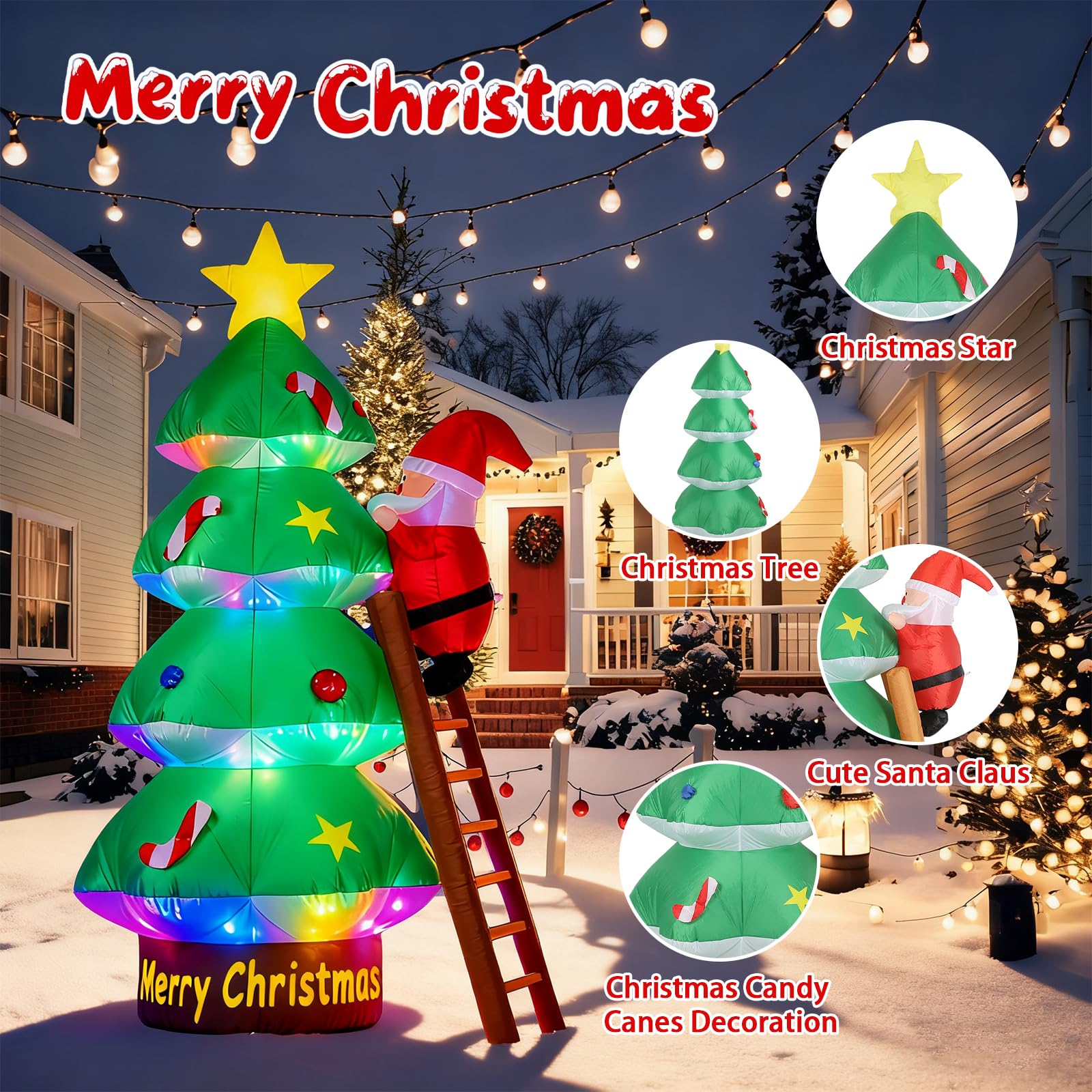 Sapin de Noël Gonflable, 210CM Decoration Noel Exterieur Gonflable avec Lumières LED, Sapin Gonflable Decoration avec Père Noël et échelle pour Jardin, Pelouse, Terrasse, Fête