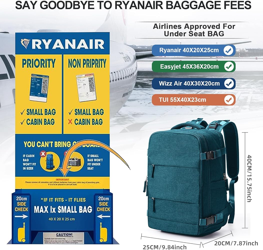 Ryanair Handgepck Rucksack 40x20x25 Handkabinengepck Reiserucksack Unter  Dem Sitz Handgepck Rucksack Flugzeug Reisetasche Weekendertasche  Wanderrucksack Lssiger Tagesrucksack,C1-Pfefferblau : Amazon.de: Fashion