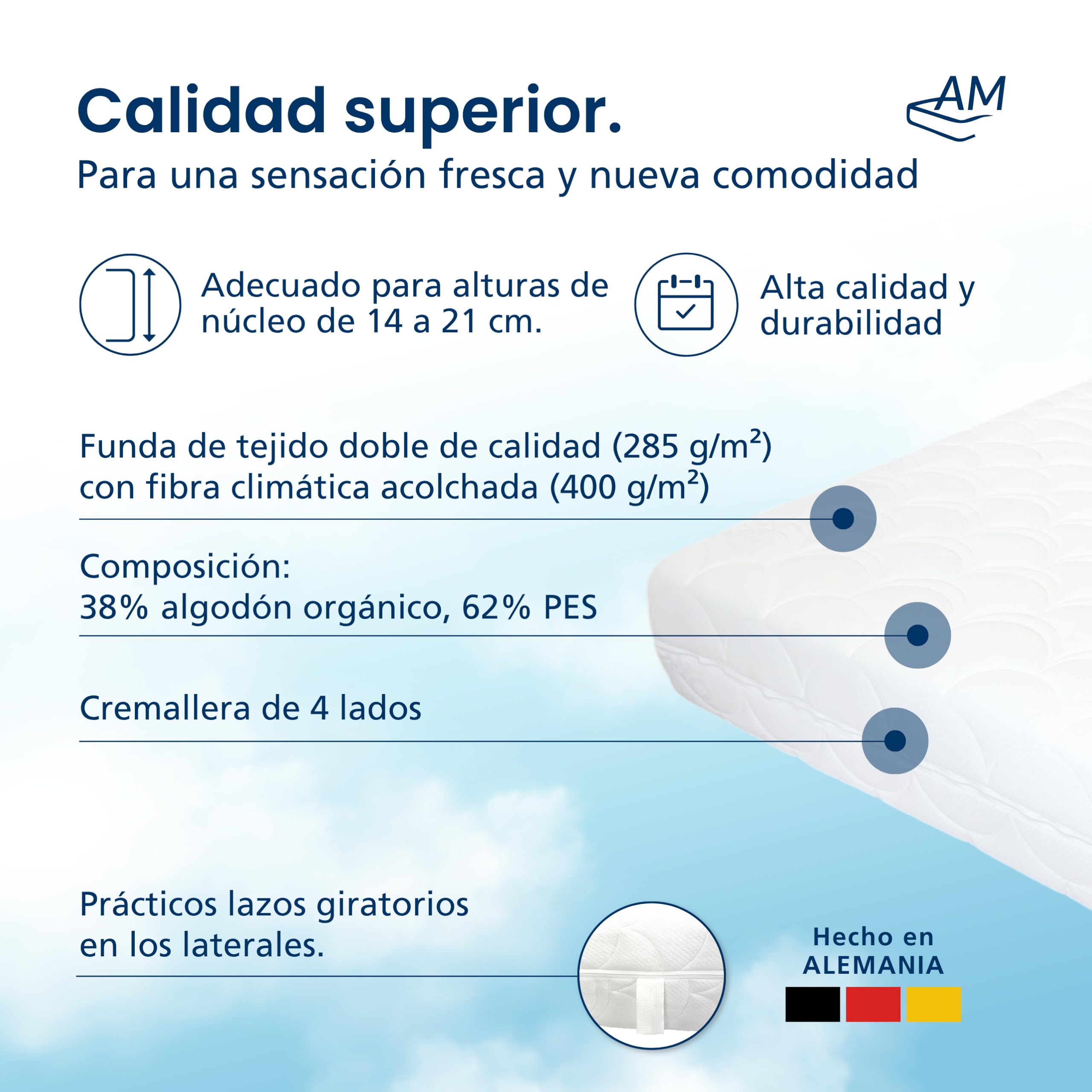 AM Qualitätsmatratzen Funda colchon 140x200 - Funda Protector colchon con Cremallera de 4 Lados - para 20 cm de Altura del núcleo - Made in Germany con Sello Oeko-Tex y de algodón orgánico