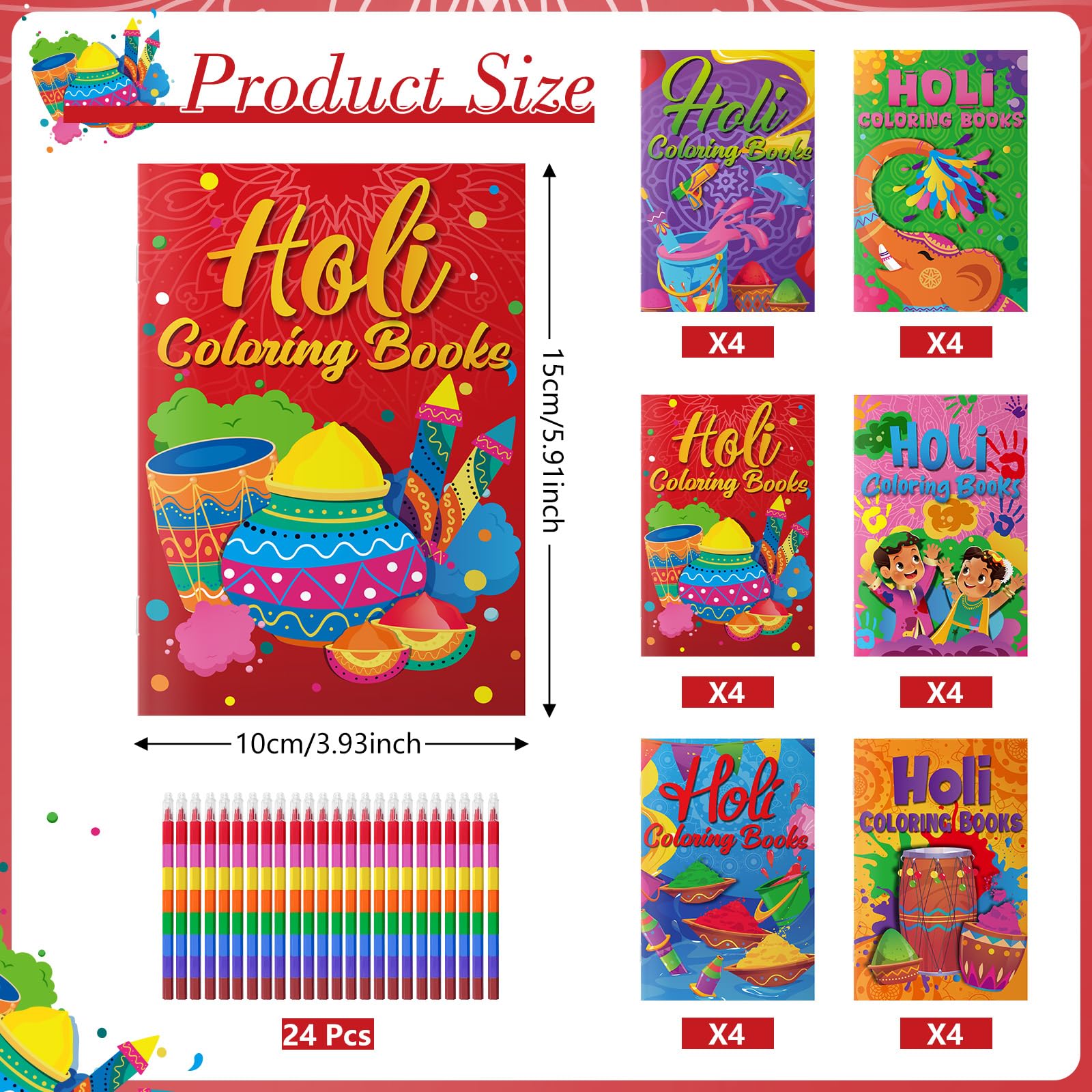 Cinrobiye Holi-Malbücher, Großpackung zum Selbermachen, Mini-Happy Holi-Kunst-Zeichenset mit stapelbaren Buntstiften für Festivals, indische Geburtstagspartys, Geschenke, Geschenktütenfüller, Schule