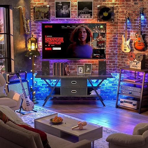 Miniatura 2 de armocity Soporte de TV para TV de 5565 pulgadas, soporte de TV LED negro con tomas de corriente para sala de estar, centro de entretenimiento de TV