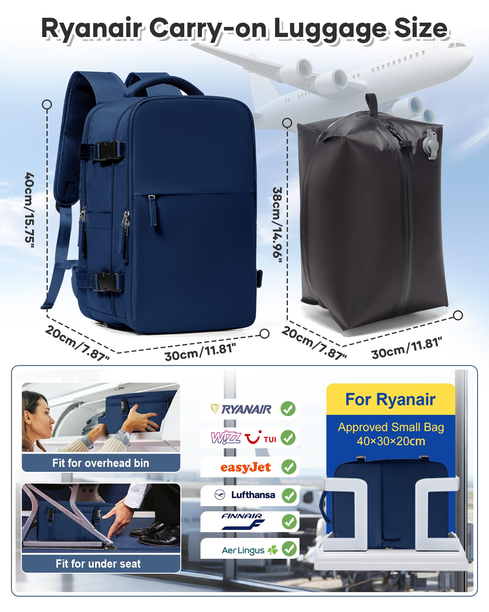 BJLFS Plecak próżniowy torba podróżna z pompką Ryanair torby kabinowe 40 x 30 x 20 cm torba podręczna Wizzair Easyjet Vueling bagaż podręczny worki próżniowe do podróży wodoodporny plecak na laptopa