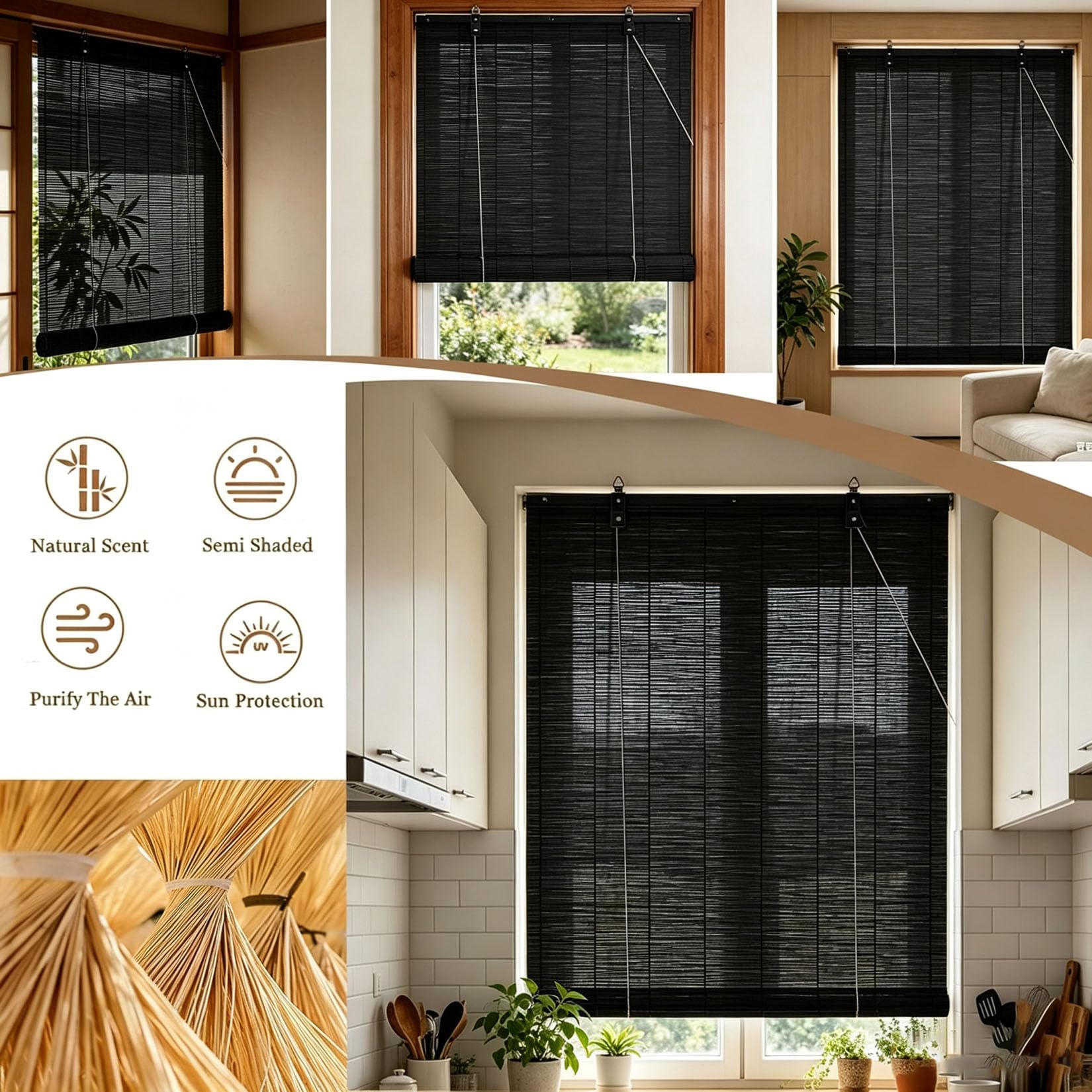 100X170cm Tende a Rullo in bambù Naturale,Tenda a Pacchetto Retrò nero