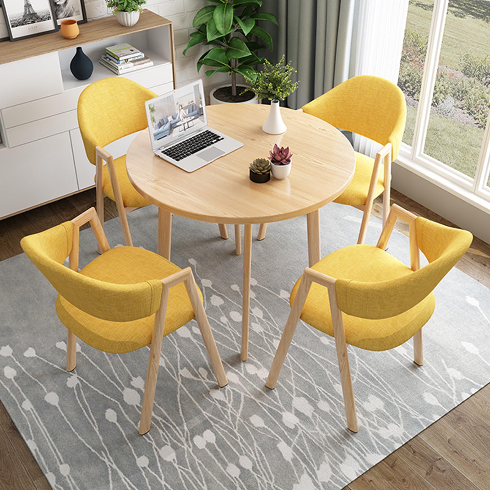 ASerZenith 5-Piece Office Table And Chair Set, Small Round Conference Table With Backrest Chairs, Space Saving Reception Room Furniture For 4,Yellow-D 31.5Inch/80Cm
