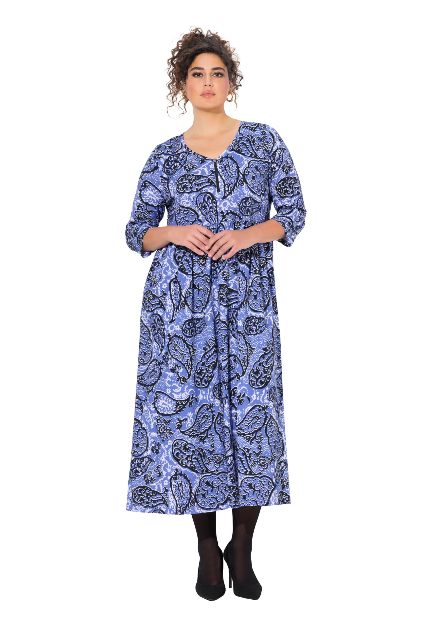 Ulla Popken Damen große Größen Übergrößen Plus Size Kleid, Paisleymuster, A-Linie, V-Ausschnitt, 3/4-Arm 838082